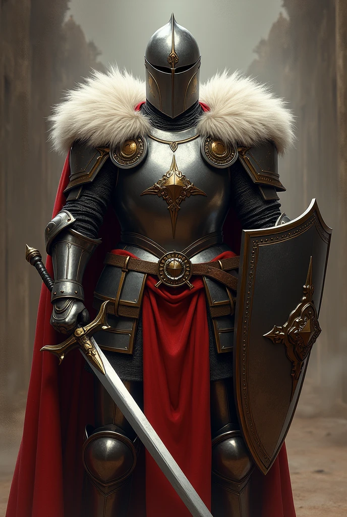 A male paladin, with medieval plate armor. He holds a long sword and a shield in his other arm.. On the shoulder pads he has fox fur and also a long red cape. He has a helmet that completely covers his face..