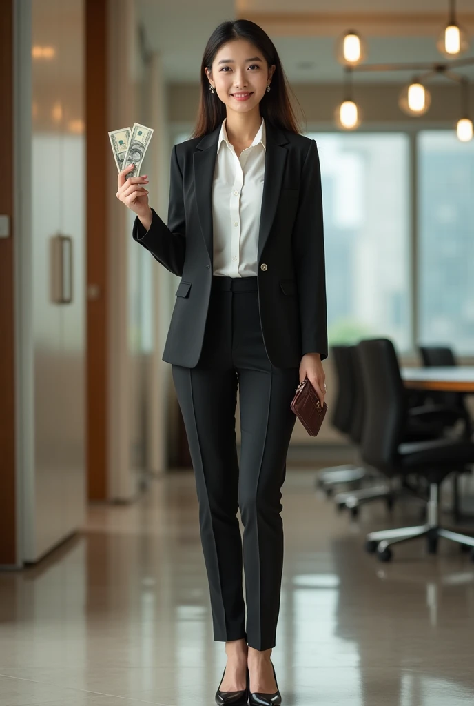 Create an image of an 18-year-old Asian businesswoman, standing with headphones on, contacting clients. She is holding a wallet and cash, smiling with a cute face. The full-body shot shows her wearing a slightly revealing blazer, exuding youth and success. She is wearing high heels, portraying a modern and accomplished look