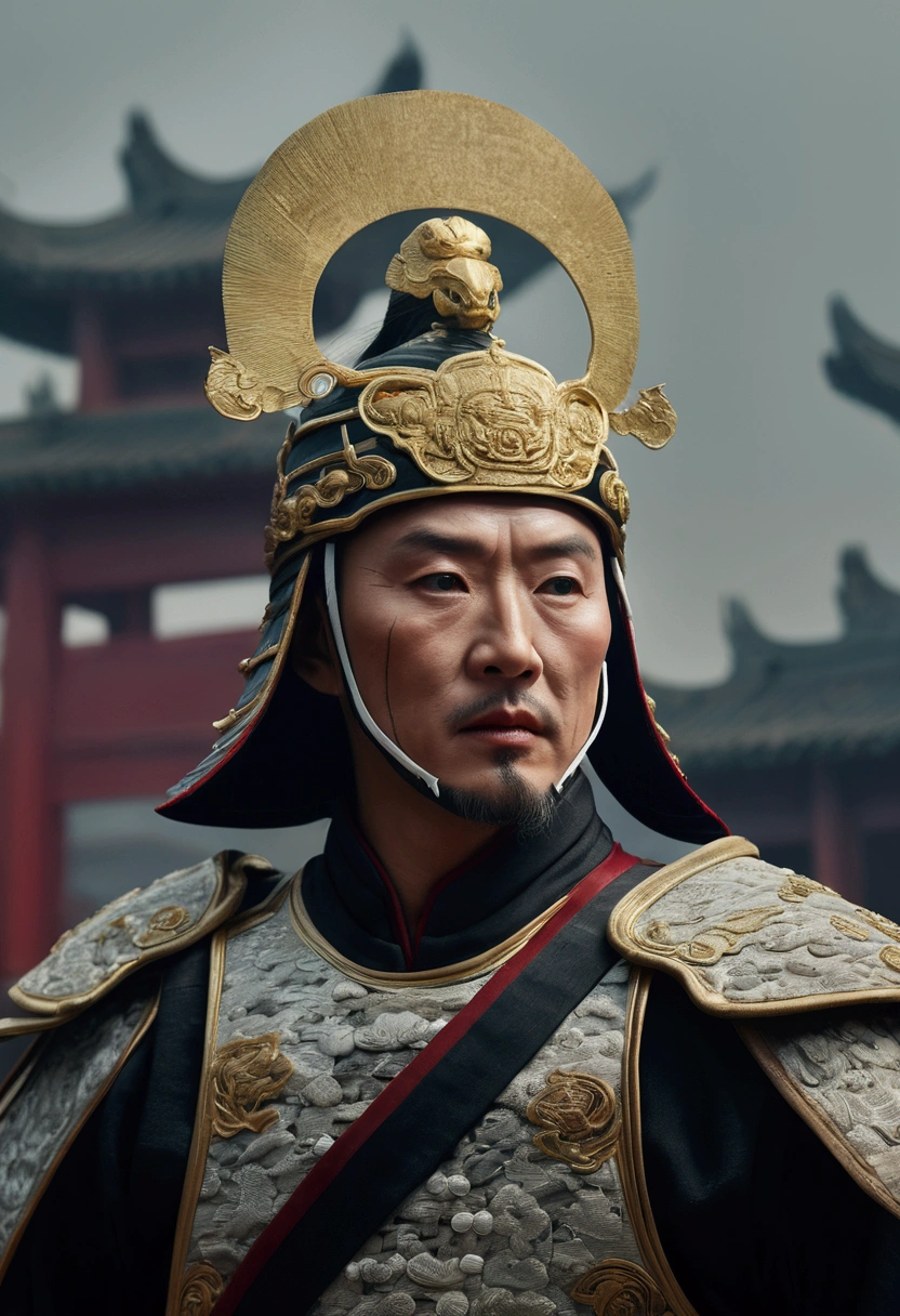 Bust of an ancient Chinese general on the battlefield,The armor is broken, Starry sky and fog cover the landscape.Rich historical background. (Highest quality,4K,8k,High resolution,masterpiece:1.2), Very detailed, (Realistic,Realistic,Photorealistic:1.37), High resolution, Hyper HD, Studio Lighting, Ultra-fine painting, Sharp focus, Physically Based Rendering, Very detailed説明, Professional, Vibrant colors, Bokeh, Sports Late, Ancient War Landscapes, Traditional Chinese Painting Techniques, Atmospheric lighting, Dynamic Pose, Complex combat scenarios, Vivid color contrast, Visually stunning composition, Ethereal atmosphere, heroism. Black and White