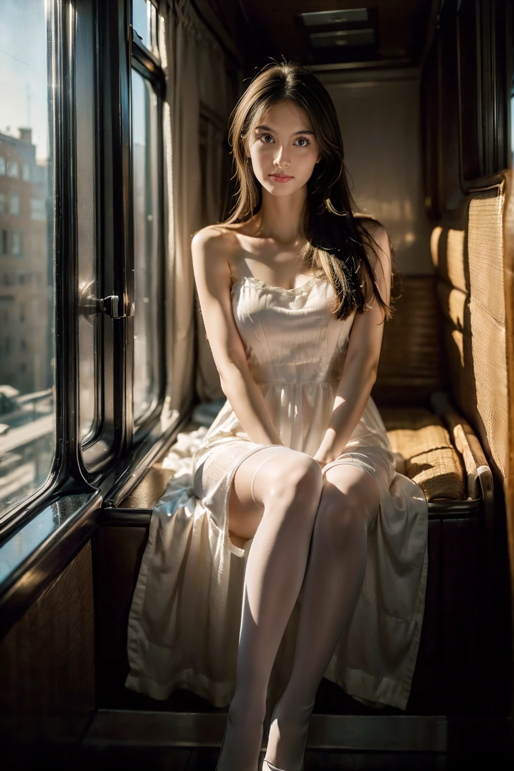 (Best quality, Ultra detailed, Golden ratio, Masterpiece:1.2), Theatrical lighting:0.7, Photo of a girl, dressed in a very elegant and pretty dress, Perfect rare face, (Highly detailed skin), long black hair, Hide your mouth with your hands、Ridicule, skin texture, Pale skin, shiny skin, (thin, large size:1.2), [:(Sharp focus on rare face, perfect eyes:1.2):0.2], photorealistic, film grain, Put one foot forward、from below looking up、looking at viewer、Emphasize the shoulders, Focus on face、Stockings、glasses、Smile with corners of mouth raised、disdainful expression, summer haze, muted colors, muted warm colors, Photo cinematic portrait of a woman dressed in a striped dress sitting by the window in the early morning, cinematic, (tilted:1.3) (on an old train) look cautious, standing under a spotlight, volumetric dust clouds, key light, backlight, soft natural lighting, photography Film grain ISO 400 30 mm lens RAW f1.8 aperture, highly detailed (analog photography:1), colors hdr, miabell4