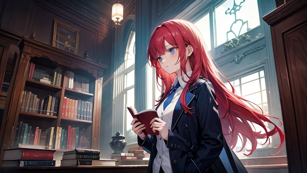 The main floor is a magic library. A woman with long cherry red hair, blue eyes, wearing a white shirt, a blue tie, and a black coat. She is choosing a book in a cool way.