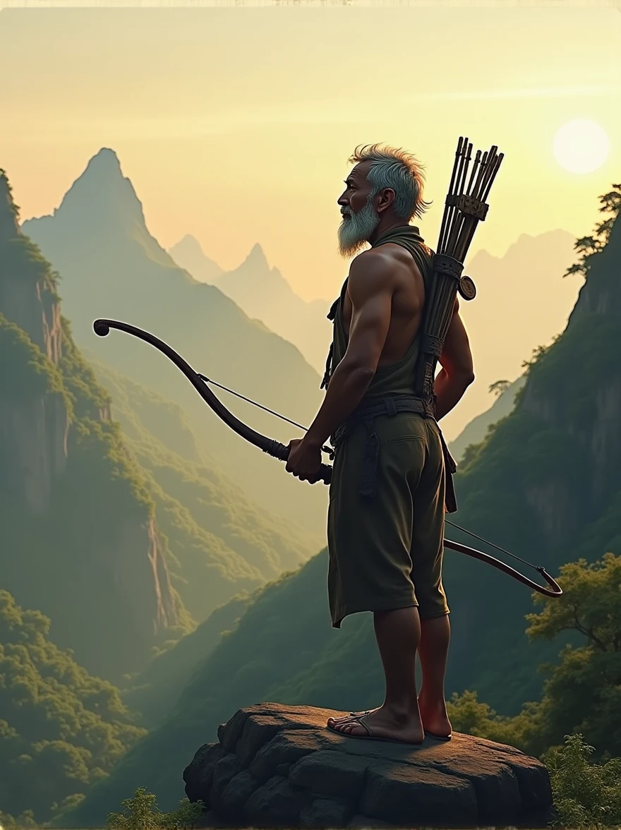 Older Cambodian hunter stands on a mountain , —ar 9:16