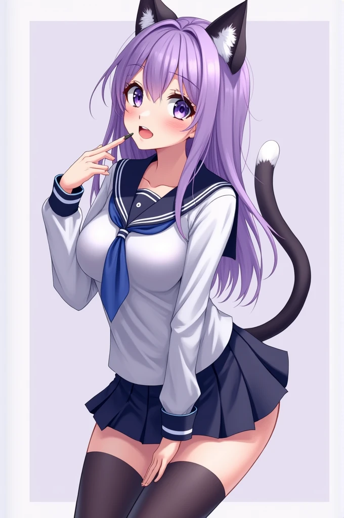 A purple and light blue anime style cat girl in school clothes with big breasts.with long stockings, with mini skirt, wanting sex with semen and with semen in the mouth showing the vagina with semen