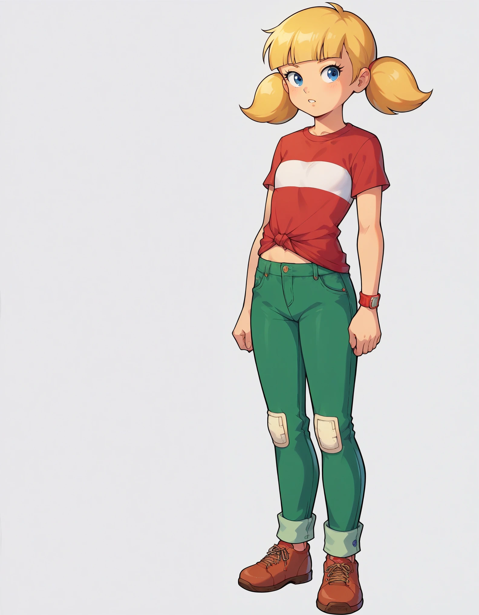 score_8, score_8_up, score_7_up, score_6_up, traditional media, ayami_style, source_painting, 2d illustration, gloomy colors, dark aura, BREAK, 1girl, solo, female focus, penny_ig, blonde hair, twintails, blue eyes, red shirt, stripe, green pants, knee patch, flat chest, full body, standing, simple background, white background