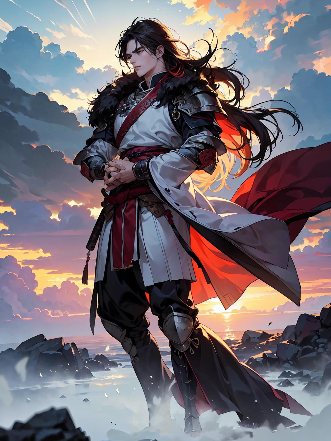 "A full-body depiction of a powerful 30-year-old barbarian knight with a unique blend of Viking and samurai armor, embracing his beloved in a heartfelt moment before departing on a journey. The knight is muscular, with a tender yet determined expression, his long, wild dark hair flowing dramatically. His armor is a combination of rugged Viking furs and leather, complemented by elegant, intricate samurai plates, all rendered in a detailed anime style. He holds his beloved close, a young woman with large, expressive eyes and flowing hair, dressed in simple yet beautiful garments that move gently in the wind. She looks up at him with a mix of love and sorrow, her hands clutching his chest, while he gently rests his hand on her back. The background is a scenic, rugged landscape with towering mountains under a sky filled with stormy clouds, enhancing the emotional and dramatic atmosphere. The colors are rich and vibrant, typical of anime, with warm hues highlighting the couple in contrast to the dark, stormy environment."