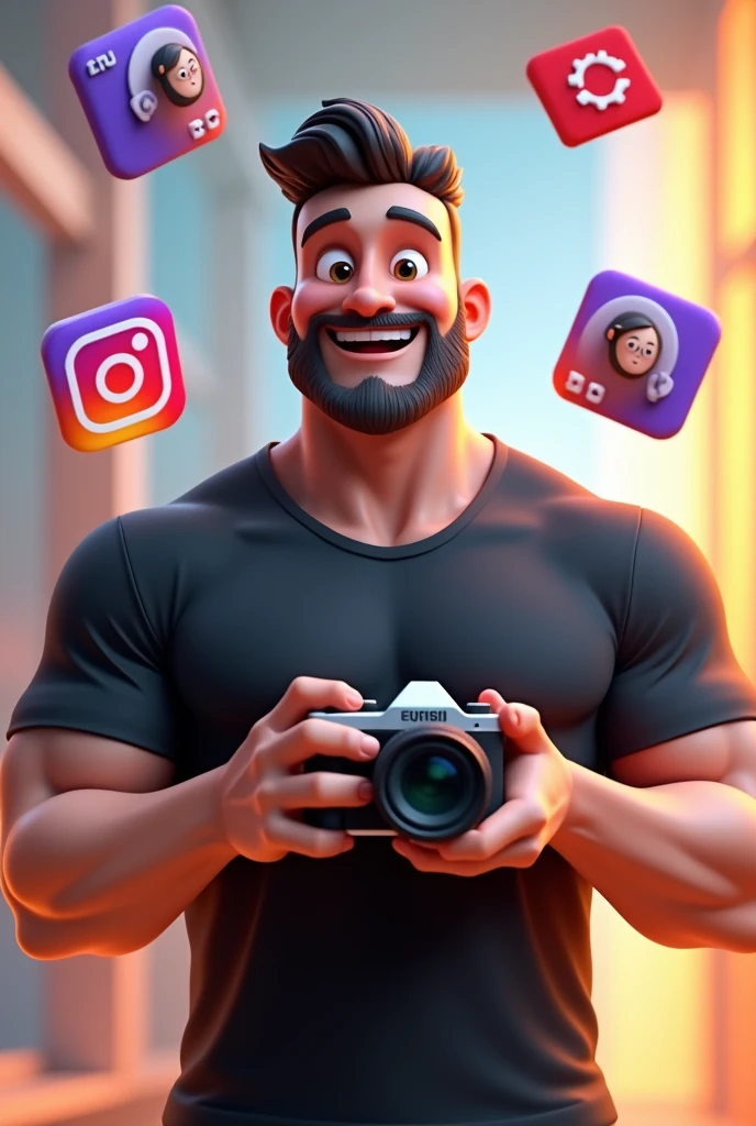 Create a 3D illustration of a white male character with a beard ,excited man standing with camera in hands casually next to a social media logo "instagramart". The character must wear a black t-shirt, shorth hair , skin fair , slightly slanted eyes, has a strong body and is smiling , and holding a camera. The background of the image is a social media profile page with the username "db photographer" and a matching profile photo.