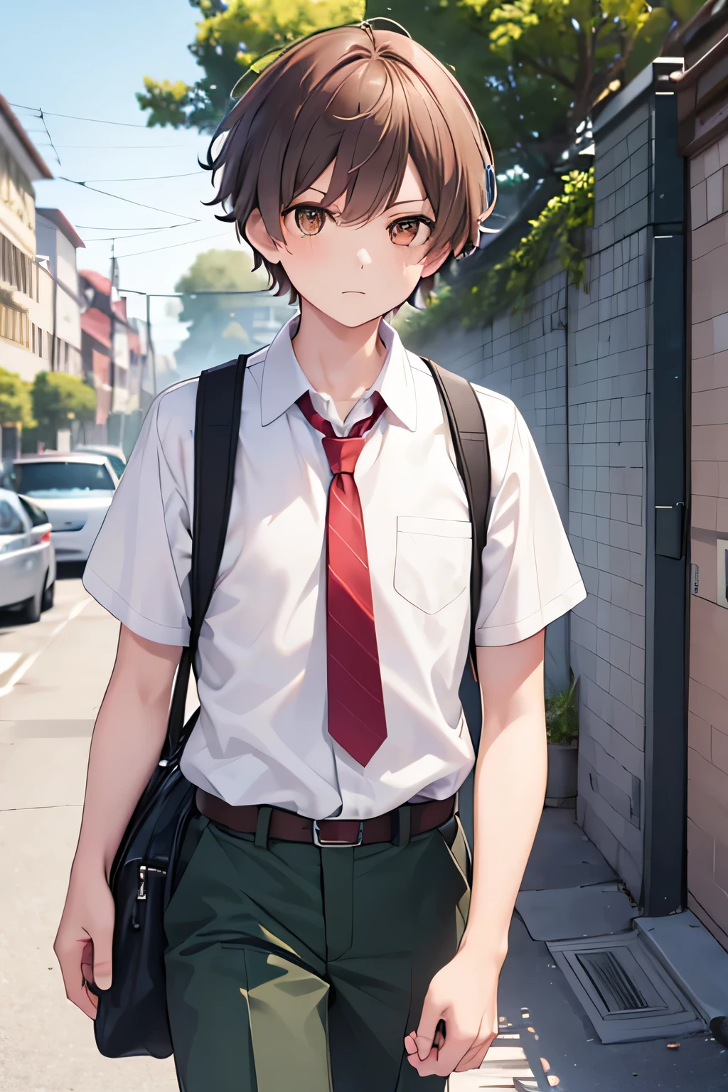 high quality, until, high school boy only, half body, walking down the street, Brown eyes, short hair, Wavy, serious expression, medium brown color, white short sleeve school shirt, Red tie, military green pants, carrying a high school backpack, houses next to the street on a sunny day