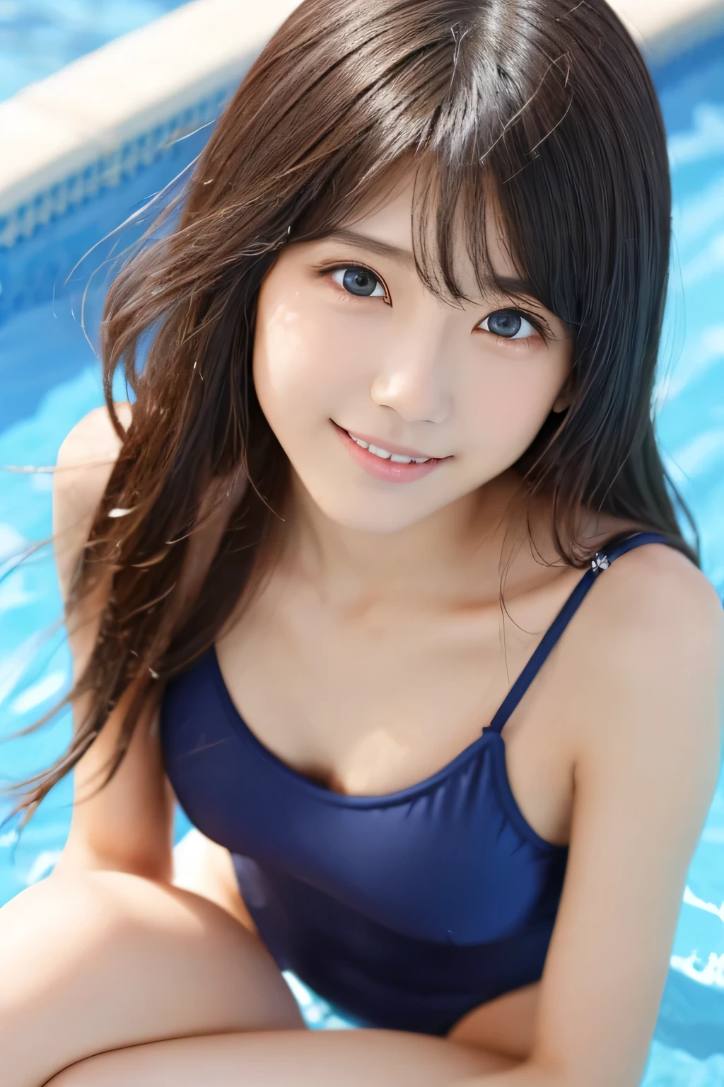 (Highest quality:1.4), (Very detailed), (Very detailed美しい顔), (Sit with your knees hugged:1.5), (Beautiful face and eyes:1.5), 20-year-old, smile, Evenly balanced eyes, (School Swimsuit:1.3), Beautiful face and eyes, iris, Navy one piece swimsuit, The Beauty of Japan, (Skinny body type:1.3), (Flat Chest:1.3), A happy look, Smooth, Very detailed CG synthesis 8k wallpaper, High-resolution RAW color photos, Professional photography, Light, BackLight, dream-like, impressive, Written boundary depth, (Pool:1.4), (Face close-up:1.5), (Shooting from above:1.3)