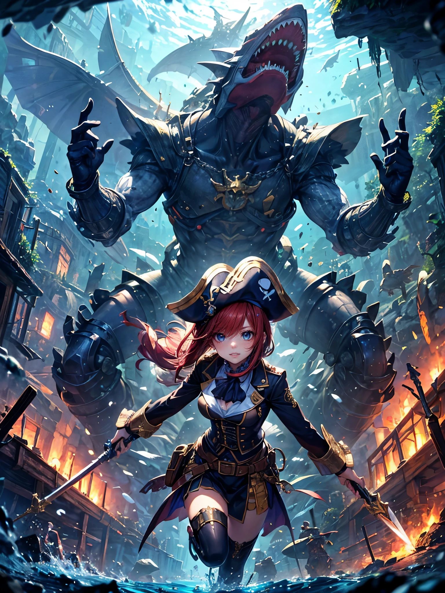 masterpiece,(bestquality),highlydetailed,ultra-detailed,1girl,(Pirates girl:golden,glowingeyes:Blue,goldenrarmor:1.2,elongatedears:0.8),(Inside the underwater cave、adventure:1.5,weapon:Pirate Sword),（treasure、Gold Bar:1.5）(fantasylandscape:1.2,natural lighting:1.5,confidentexpression),(panorama:1.2),Mecha Dragon、smile,angle,,chrome,raw（Red Hair:1.5）（Looking behind you）（Pirate hat）（Inside the ancient ruins:1.5）（mechanical shark🦈:1.5）（Body facing forward、Looking behind you:1.5）（Landscape、Running away、profile、Acrobatic:1.8）（Turn only the face to the side:1.5）（smile:1.5）（Avert your gaze:1.7）（Run and escape action:1.8）