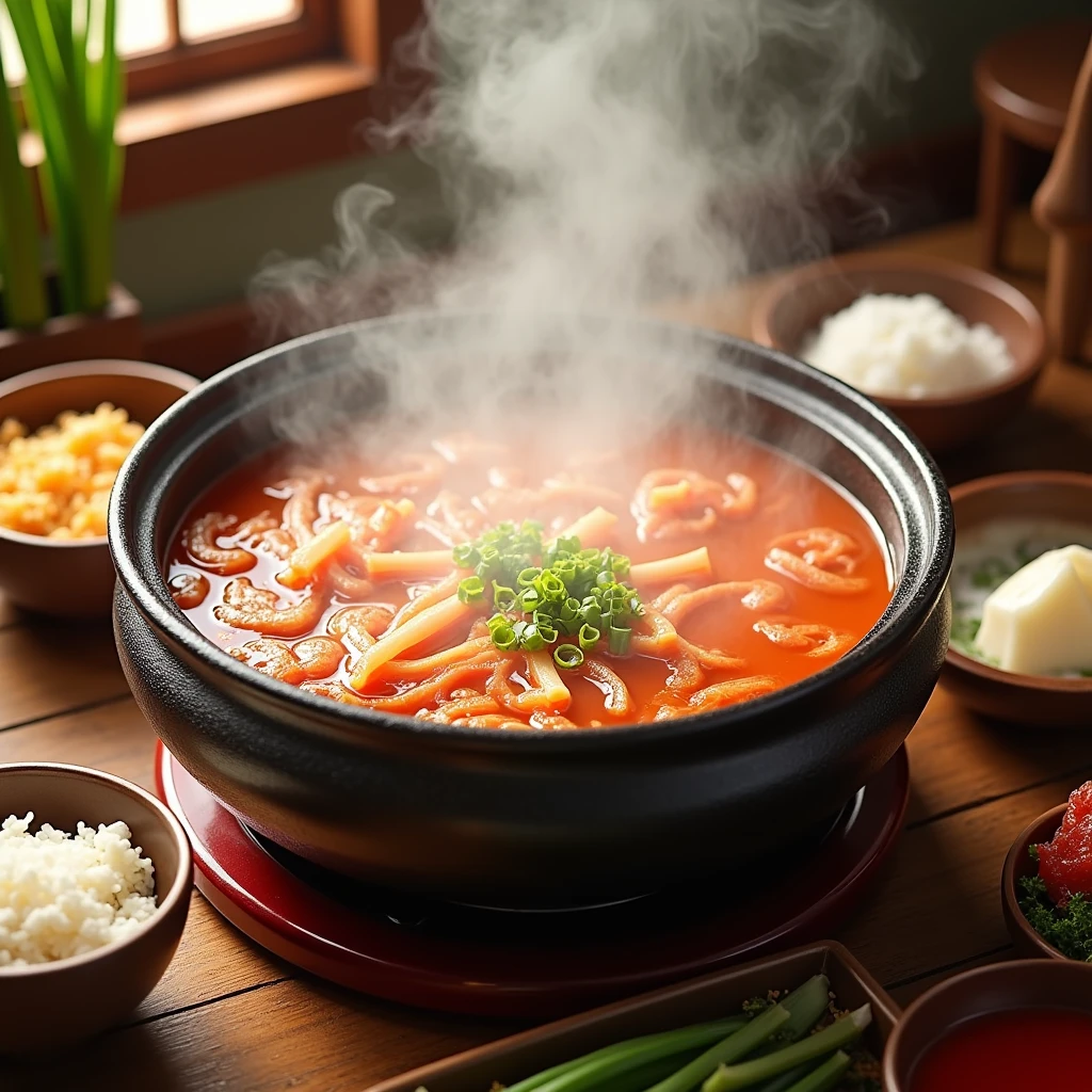Realistic style，Japanese Sukiyaki hot pot advertisement，Steaming hot pot，There are some decorations next to it，Dynamic and bright colors