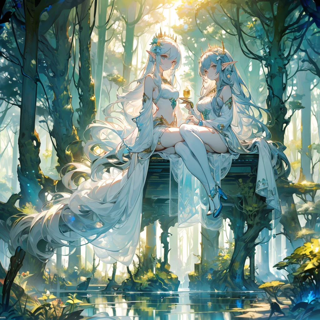 ((masterpiece, best quality)),Elf,Royal sister,forest,Sea of trees,Pure white background,Detailed face,Smile,whole body,Perfect body proportions,Glowing milky white eyes,sexly,Lush foliage and warm sunshine,Tattoo,extremely beautiful,transparent,High heel,Fishnet stockings,Star decoration,nude
