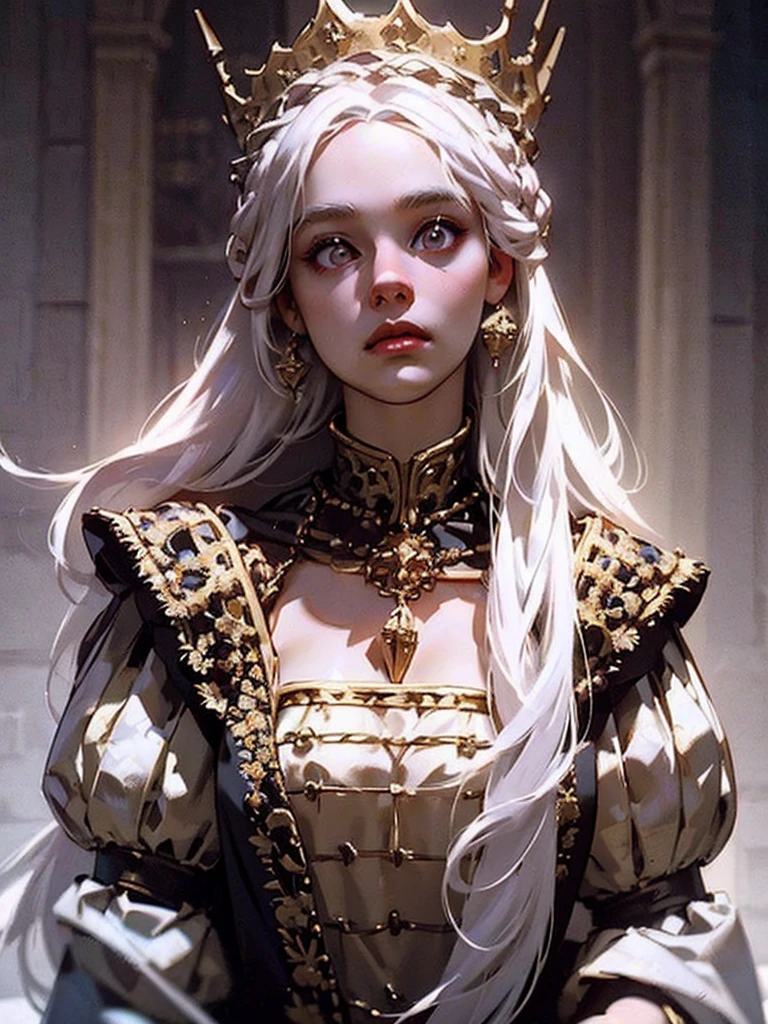 Beautiful albino woman with detailed braided medieval hairstyle (updo) (white hair) ,wearing detailed medieval gown (red and black colours), with gold accessories and gold tiara, medieval queen, medieval woman,queen,game of thrones style,daenerys targaryen style, high quality, very detailed,hd quality, masterpiece