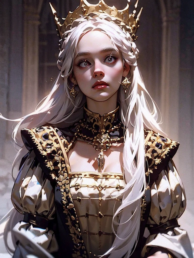 Beautiful albino woman with detailed braided medieval hairstyle (updo) (white hair) ,wearing detailed medieval gown (red and black colours), with gold accessories and gold tiara, medieval queen, medieval woman,queen,game of thrones style,daenerys targaryen style, high quality, very detailed,hd quality, masterpiece 