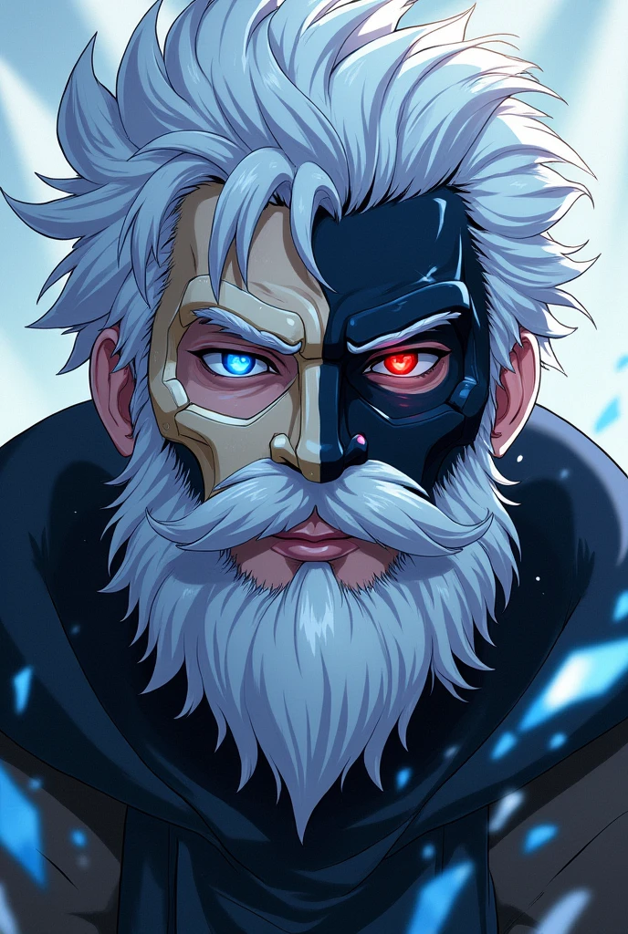 An anime character who is a magic knight, half ice and half shadows, on your face half a mask of bones White hair and half a mask of bones Show half of your face with a lumberjack beard Looking like a 17 year old, 
