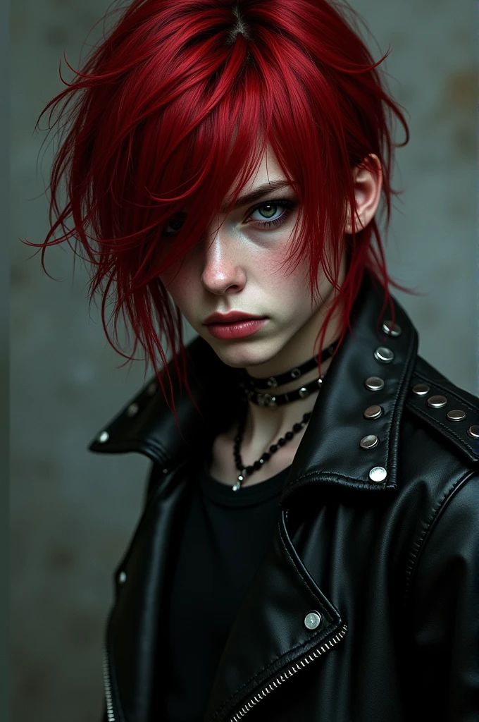 Emo jacket hair in the eye red hair and boy