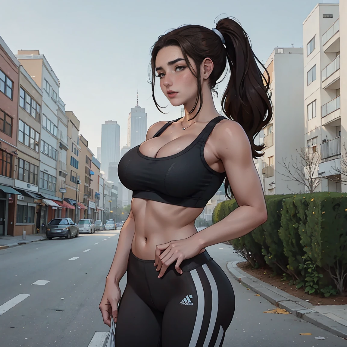 Extremely busty thin and toned brunette jogger, college girl, fair skin, loose ponytail, soft face, athletic, sports bra, compression leggings. standing in front of her apartment building, outdoors, city, cleavage, large breasts