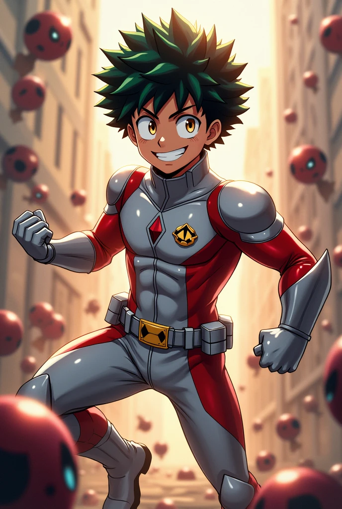 In the style of My Hero Academia anime illustrations、Gender: Male、The skin color is wheat brown.、Eye color is brown、With a smile on your face、　Her hair is brown and permed.、The suit is silver with red accents.、The cat mark is decorated。Special brain power can be camouflaged、Fighting the enemies around