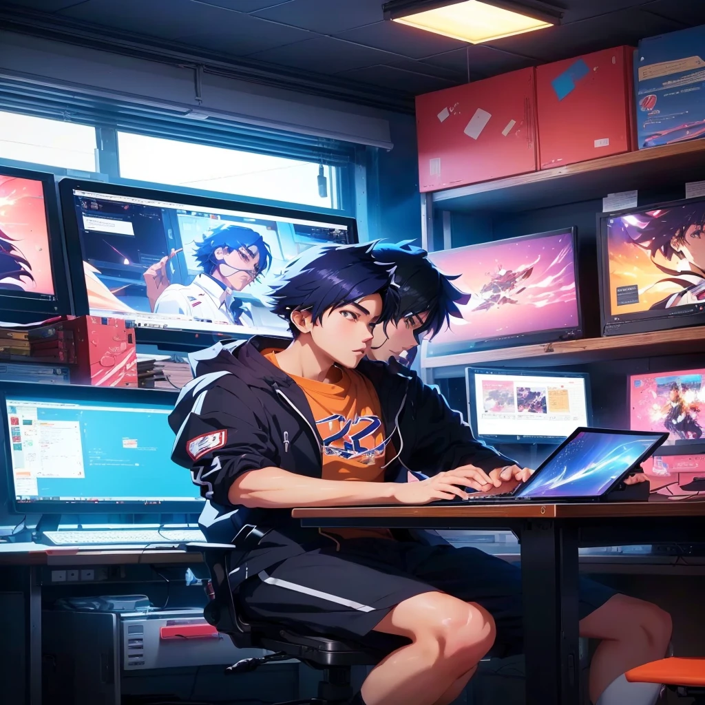 anime boy sitting at a desk with a laptop in front of him, anime style 4 k, digital anime illustration, anime moe artstyle, high quality anime artstyle, young anime man, digital anime, profile picture 1024px, digital anime art, modern anime style, anime boy, anime lover, artgerm and atey ghailan . Close-up of a computer screen with a search bar
