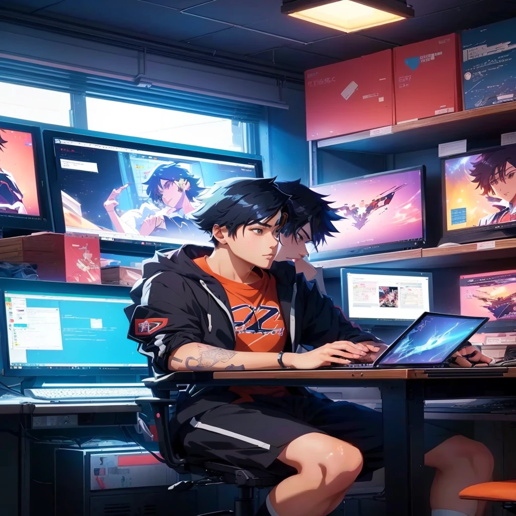 anime boy sitting at a desk with a laptop in front of him, anime style 4 k, digital anime illustration, anime moe artstyle, high quality anime artstyle, young anime man, digital anime, profile picture 1024px, digital anime art, modern anime style, anime boy, anime lover, artgerm and atey ghailan . Close-up of a computer screen with a search bar