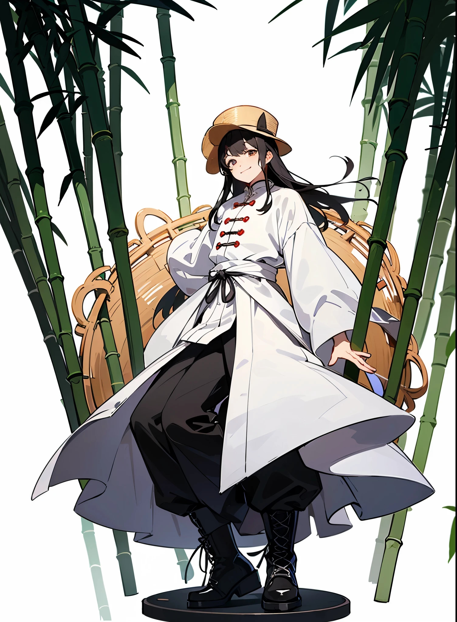Reference table, Chinese tight black dress，Black pants ，Matching Clothing, ((best quality)), ((masterpiece)), (Full body),(A male）,Long hair，Lots of hair,Black boots，（(Wearing a bamboo hat)）， Clear facial features，Smile，Clean lines design，Transparent Background， Clear facial features，beautiful眼睛，beautiful脸庞, beautiful, (((White background))) , ((No light))), Random Hairstyle, Black hair, random eyes color