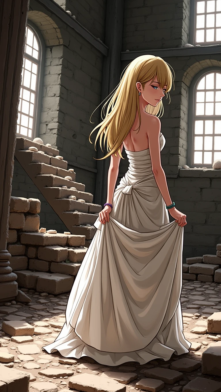 1girl, solo, long hair, breasts, looking at viewer, blonde hair, dress, holding, bare shoulders, jewelry, standing, full body, closed eyes, braid, earrings, indoors, white dress, bracelet, strapless, sunlight, strapless dress, stairs, backless outfit, skirt hold, long dress, bare back, backless dress, ruins