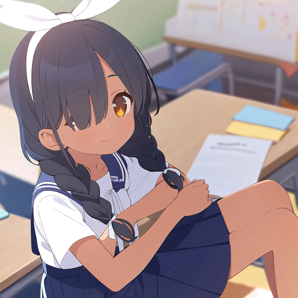 High_quality_newest_1girl, solo, a little tanned skin, white ribbons at the end of hair,female, twin long braids, black hair, student, hair almost over one eye, short sleeves, amber eyes, looking at viewer, short sleeves, blue skirt,primary 5 student,almost -ye