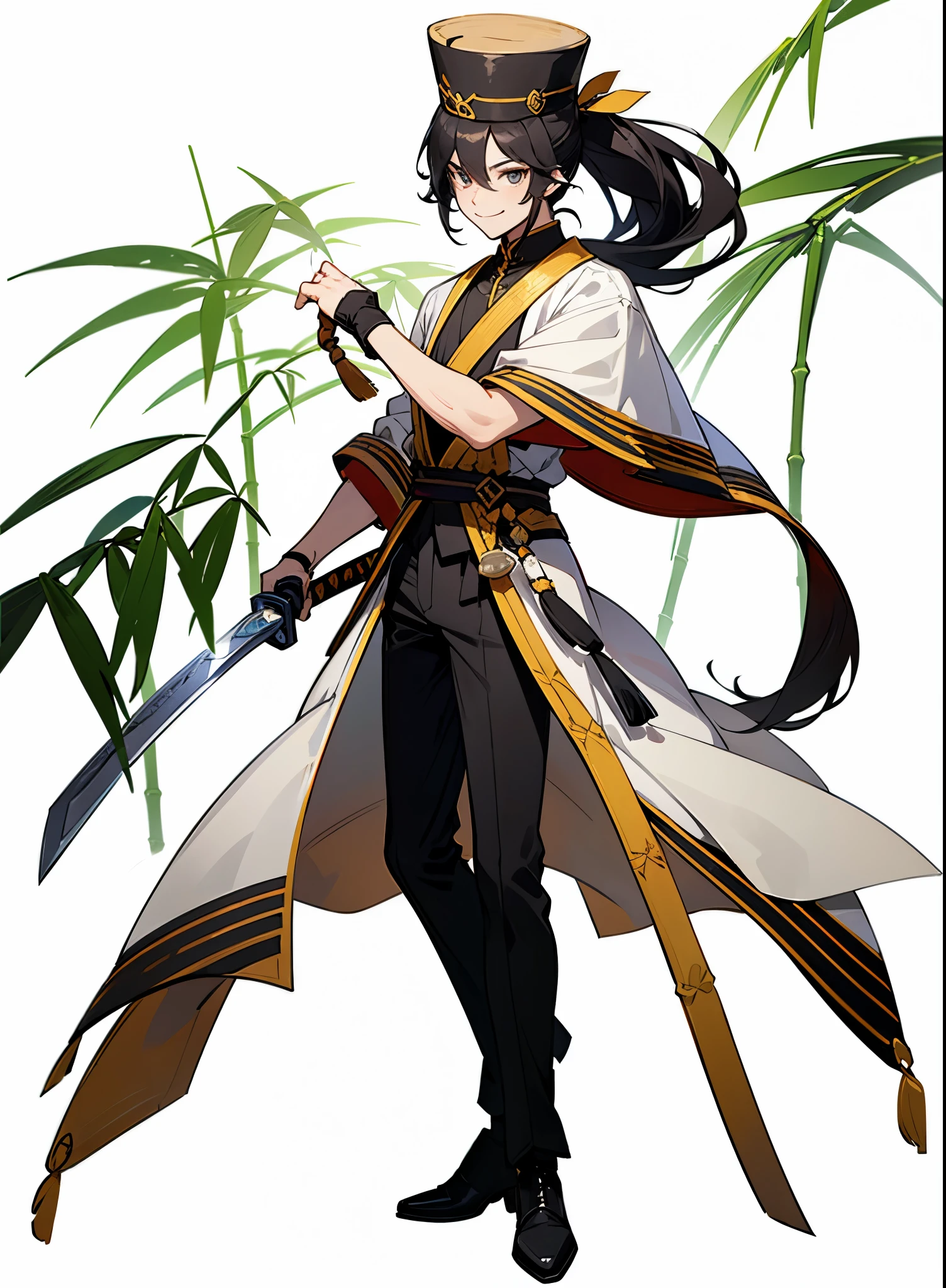 Reference table, Chinese skinny（Black clothes），Black pants ，Matching Clothing, ((best quality)), ((masterpiece)), (Full body),(A male）,Long hair，Lots of hair,Black boots，（(Wearing a bamboo hat)），warrior，((Sword in hand)）， Clear facial features，Smile，Clean lines design，Transparent Background， Clear facial features, (((White background))) , ((No light))), Ponytail, Black hair,