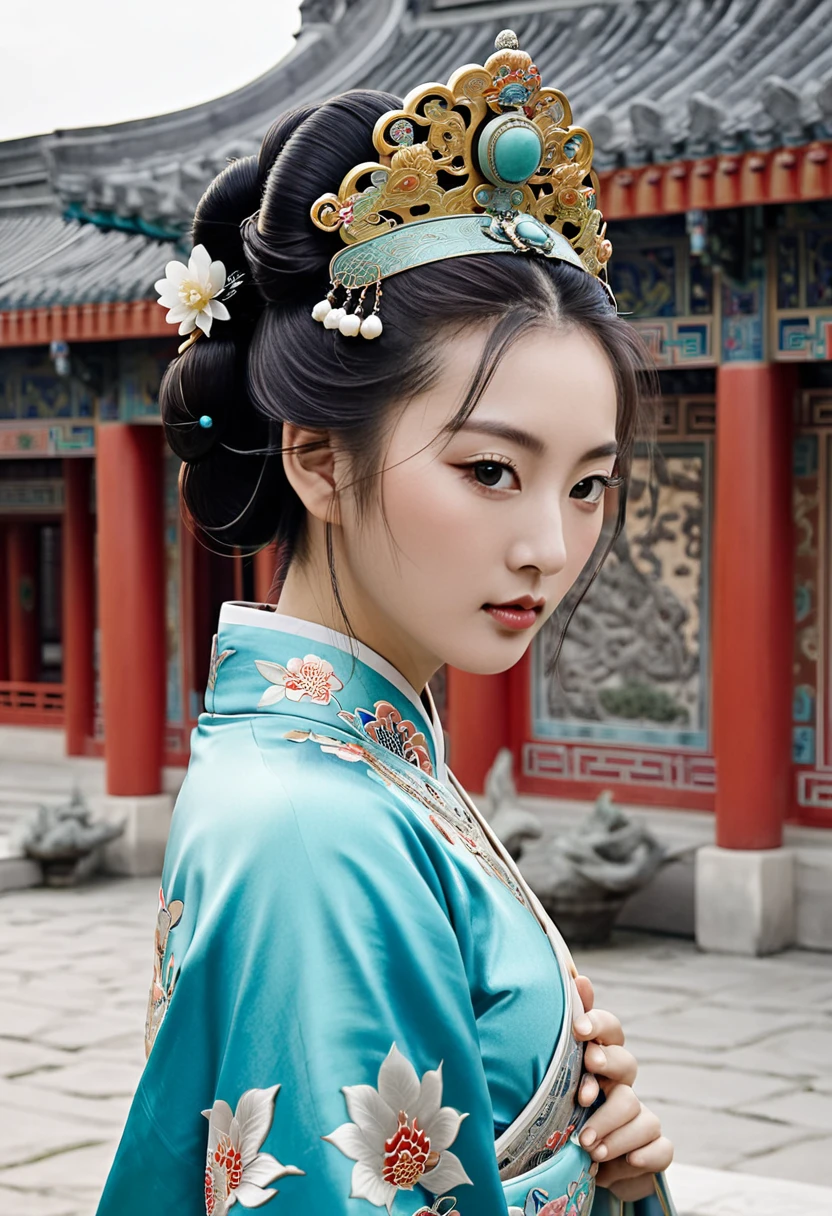 Stone letter M (pornographic pose) outside a Chinese palace during the Qing Dynasty A gorgeous Chinese courtesan with her hair tied on both sides A perverted and erotic woman wearing a crown and tying her hair is the backdrop for a gorgeous room of an empress in a Chinese court during the Qing Dynasty.