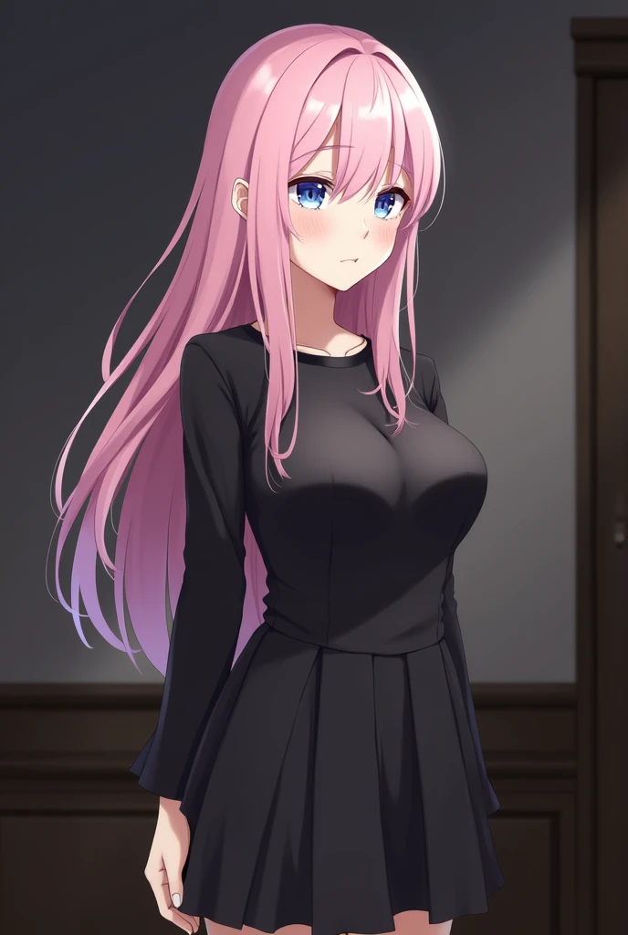 (masterpiece),(best quality:1.5),(highres), wallpaper 8k, detail skin, detail face, detail eyes, 1girl, solo, pink hair, long hair,Blunt bangs,blue eyes, black dress, medium breasts, standing, full body, room,indoor, simpel blackground, interior,anime,