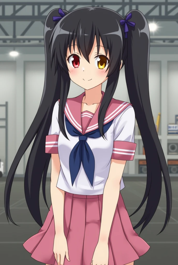 (((High quality, super detailed, 4K)))、beautiful girl.((long hair.Twintails.Black hair, pink skirt, military uniform、cowboy shot:1.6))、(((twins)))、{What you need to know_f de Staynightufotable:1.15}, (The expression is a smile、looking at the camera、The background is a hangar:1.3)、ZAFT uniform、((Heterogeneous eyes: red right eye and yellow left eye))