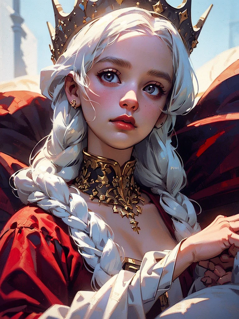 Beautiful albino woman with detailed braided medieval hairstyle (updo) (white hair) ,wearing detailed medieval gown (red and black colours), with gold accessories and gold tiara, medieval queen, medieval woman,queen,game of thrones style,daenerys targaryen style, high quality, very detailed,hd quality, masterpiece