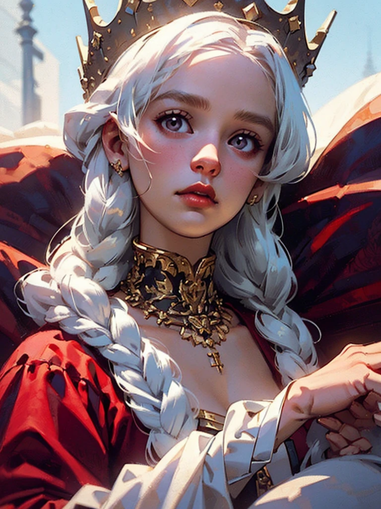Beautiful albino woman with detailed braided medieval hairstyle (updo) (white hair) ,wearing detailed medieval gown (red and black colours), with gold accessories and gold tiara, medieval queen, medieval woman,queen,game of thrones style,daenerys targaryen style, high quality, very detailed,hd quality, masterpiece