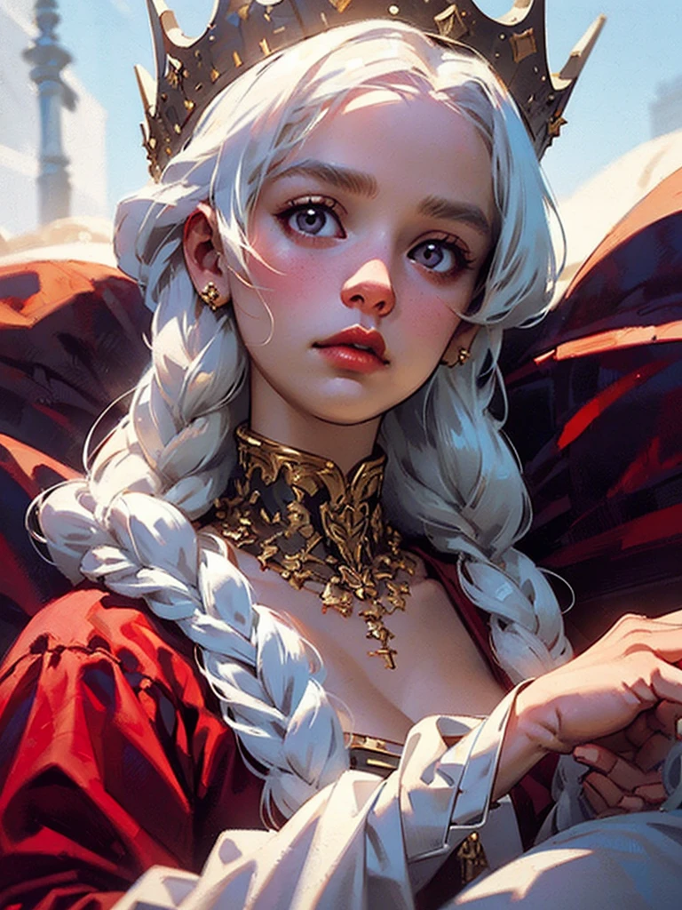 Beautiful albino woman with detailed braided medieval hairstyle (updo) (white hair) sitting on the throne,wearing detailed medieval gown (red and black colours), with gold accessories and gold tiara, medieval queen, medieval woman,queen,game of thrones style,daenerys targaryen style, high quality, very detailed,hd quality, masterpiece