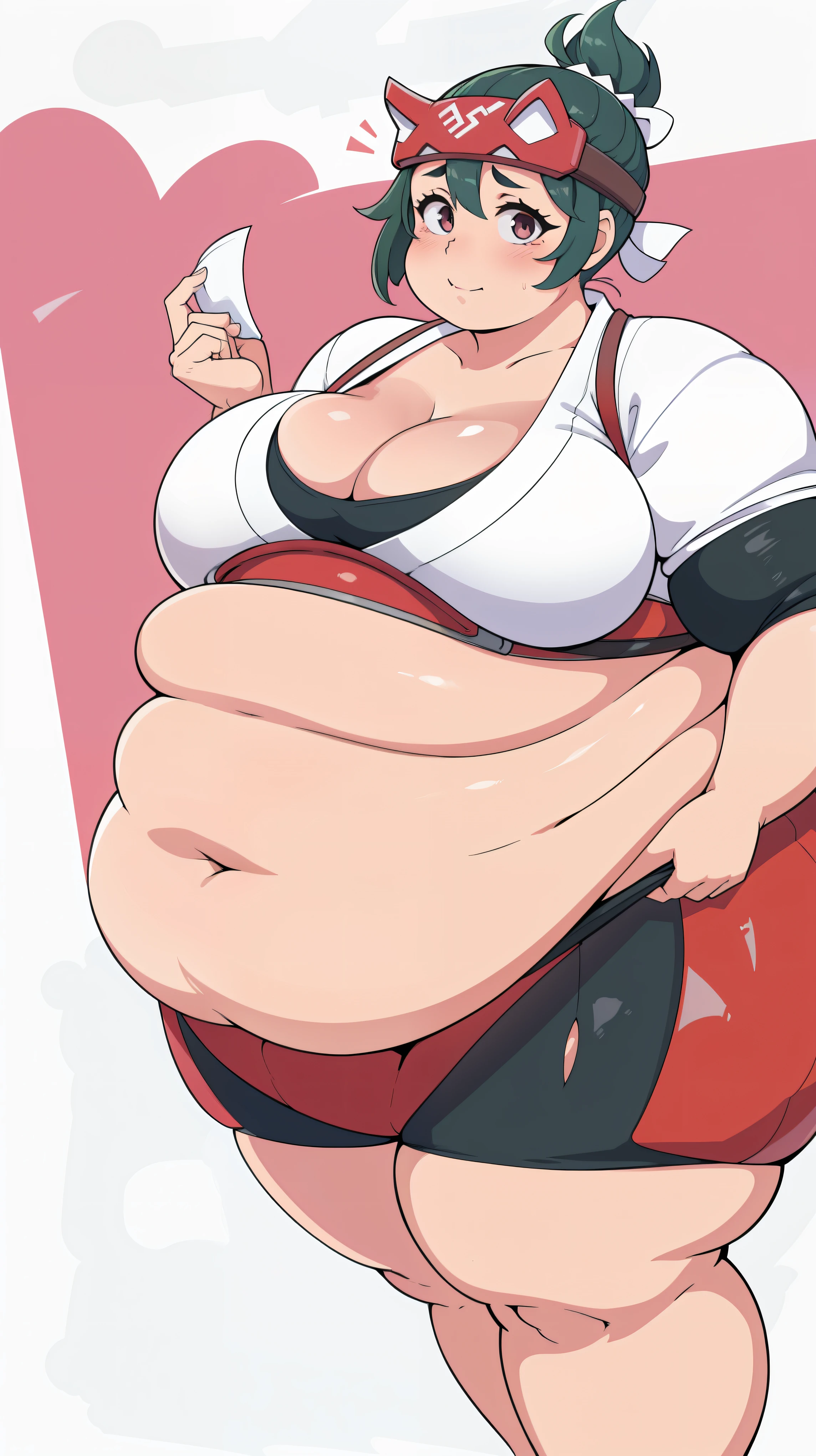 Exposed belly, (Zoomed out:1.0)Japan style backround, Looking at viewer, cleavage, small boobs, blushing, full body, belly button, Round face, double chin, fat chin, fat cheeks, fat neck, round face, SSBBW, flabby arms, round face, double chin, fat double chin, big double chin, fat neck, chubby cheeks, fat thighs, fat calves, morbidly obese, flabby boobs, giant boobs, large belly, obese, fat face, belly, double chin, obesity, flabby breasts, fat arms and legs, fat everything,
