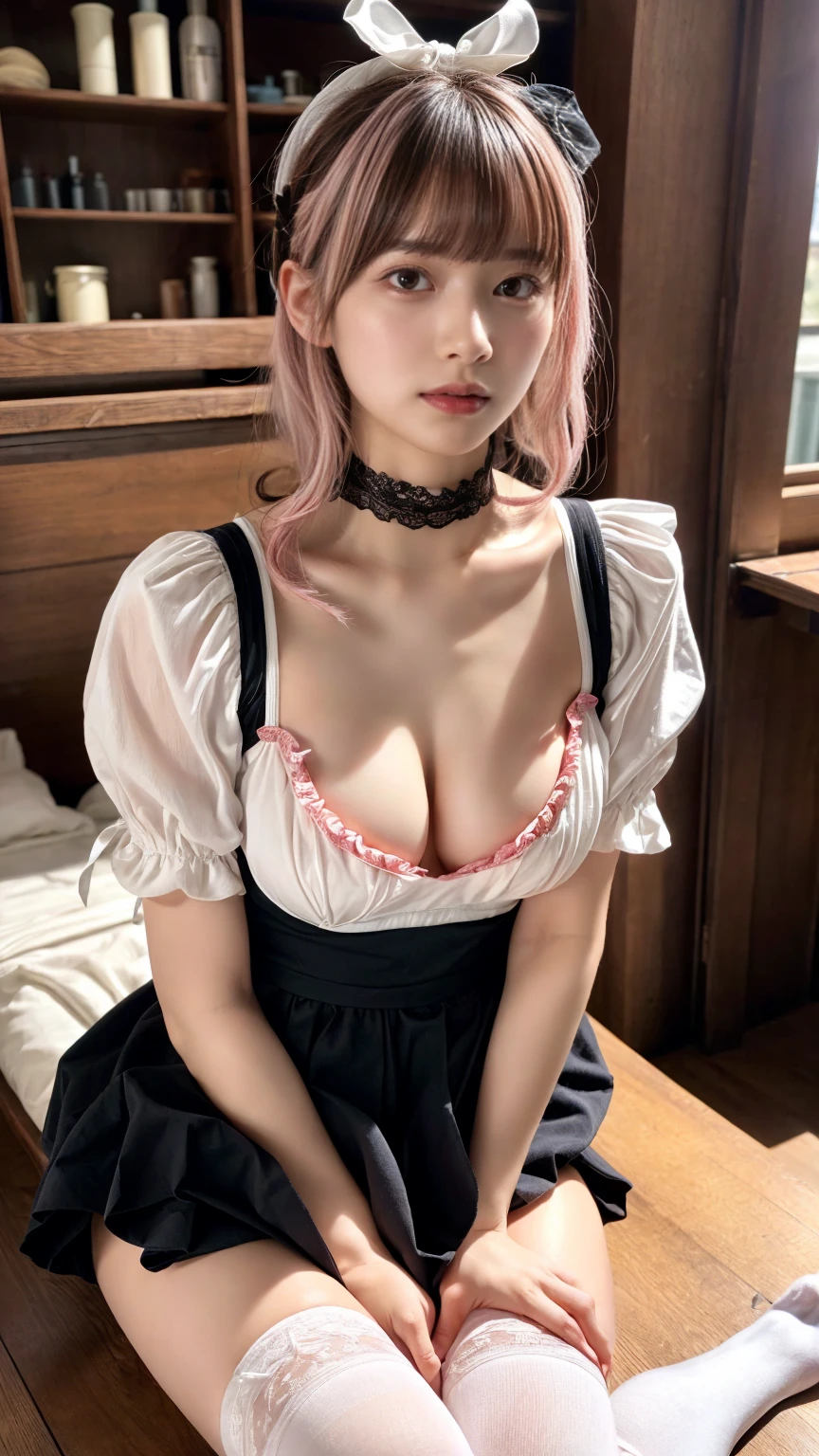 Mature Woman、Pink Hair、Light gray hair、((Two-tone hair))、White Lolita dress with delicate pink decoration、Slender women、Cute Woman、 8K Ultra HD,Detailed face、Delicate texture, Long Hair、(((Blunt bangs)))、(((Drill Hair)))、(bow ribbon, Maid, knee high socks:1.3), (Aside Cutter Shirt), frill skirt、((Ethnic Lolita))、A room in a Western-style building、((Delicate photo))，(Girl Astepeace RAW Photo Details:1.25), (highest quality:1.6), (超A high resolution:1.5), (Realistic:1.75), 8K resolution, Canon EOS R5, 50mm, Absurd, Super detailed,Cinema Lighting、((stuffed toy:1.25))、 (expresses the roundness and softness of your chest., large breasts)、(Leg spread)、