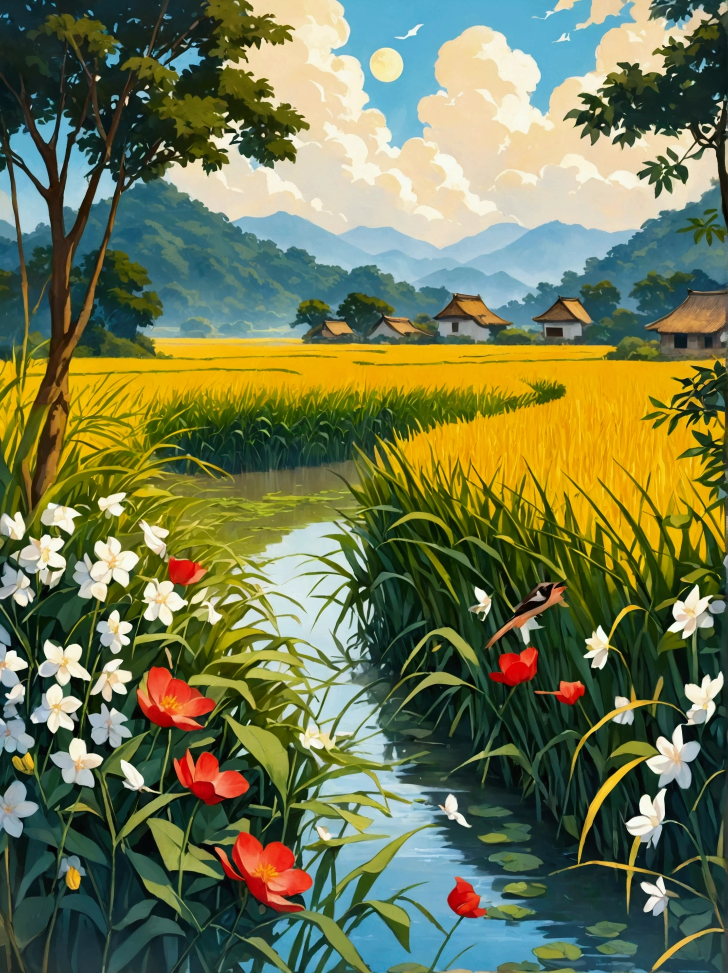 Canvas Illustration，Etienne Adolphe Piaud, Etienne Adolphe Piot，English Pre-Raphaelite painter，Pre-Raphaelite Brotherhood, ink style, masterpiece, Fantasy Garden，Aesthetic healing，moon，Star，Beautiful and poetic，Minimalism平面插画，Jiangnan countryside in summer，When you walk into this rice field，It&#39;s like being in a surreal dream。What unfolds before your eyes is a vast rice field，Golden rice swaying in the wind，The sun shines on it，Let the whole rice field shine with warm light。Rows of colorful wildflowers grow at the edge of a rice field，They sway gently in the breeze，Like dancing gracefully。Standing on the edge of a rice field，You can see flocks of birds singing happily in the wheat fields.，Their chirping blends in with the melodious sound of the wind in the rice fields.，It forms a wonderful natural symphony。Occasionally a bird flies up，Cut through the sky，Leaving beautiful curves，It seems to depict an unparalleled picture of the sky.。There is a clear stream flowing through the rice fields.，the river is crystal clear，Reflecting the blue sky, white clouds and surrounding scenery，Like a living mirror。The river flows slowly，Makes the water sound sweet，It&#39;s like nature composed a beautiful music for them.，Dynamic，Hazy feeling，Layering，Has a stunning visual effect，Fascinating lighting，Bright and vivid colors，Chiaroscuro，Flat，Minimalism，high quality，High Detail，HD晰，masterpiece，masterpiece，The painting style is meticulous，Refreshing colors，HD，in the style of Pre-Raphaelite Brotherhood