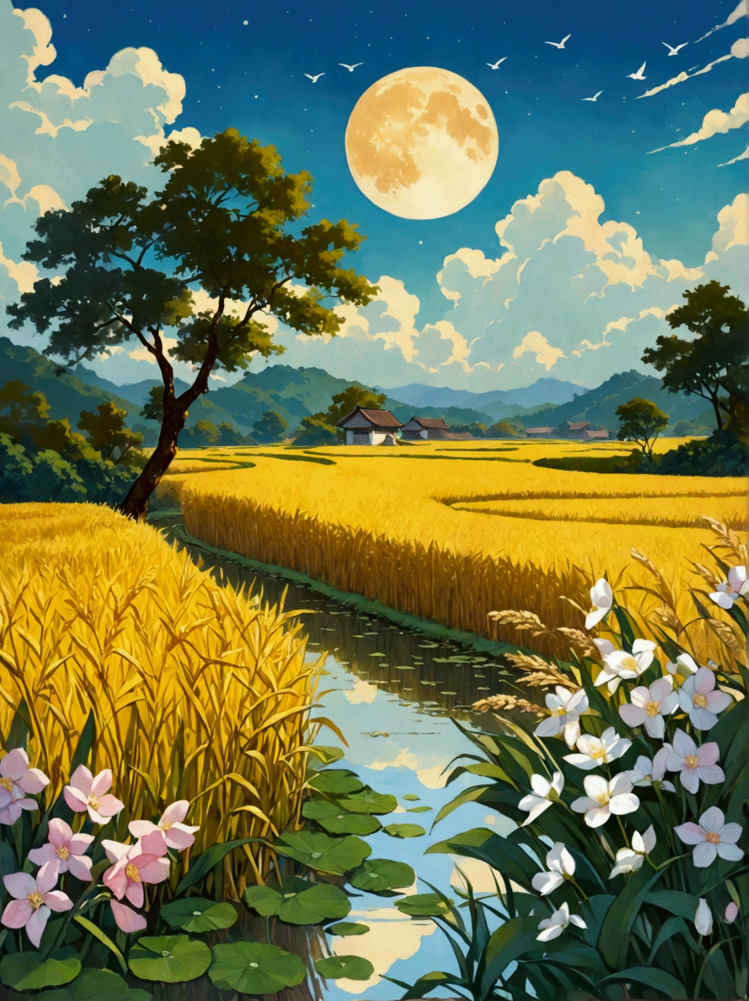 Canvas Illustration，Etienne Adolphe Piaud, Etienne Adolphe Piot，English Pre-Raphaelite painter，Pre-Raphaelite Brotherhood, ink style, masterpiece, Fantasy Garden，Aesthetic healing，moon，Star，Beautiful and poetic，Minimalism平面插画，Jiangnan countryside in summer，When you walk into this rice field，It&#39;s like being in a surreal dream。What unfolds before your eyes is a vast rice field，Golden rice swaying in the wind，The sun shines on it，Let the whole rice field shine with warm light。Rows of colorful wildflowers grow at the edge of a rice field，They sway gently in the breeze，Like dancing gracefully。Standing on the edge of a rice field，You can see flocks of birds singing happily in the wheat fields.，Their chirping blends in with the melodious sound of the wind in the rice fields.，It forms a wonderful natural symphony。Occasionally a bird flies up，Cut through the sky，Leaving beautiful curves，It seems to depict an unparalleled picture of the sky.。There is a clear stream flowing through the rice fields.，the river is crystal clear，Reflecting the blue sky, white clouds and surrounding scenery，Like a living mirror。The river flows slowly，Makes the water sound sweet，It&#39;s like nature composed a beautiful music for them.，Dynamic，Hazy feeling，Layering，Has a stunning visual effect，Fascinating lighting，Bright and vivid colors，Chiaroscuro，Flat，Minimalism，high quality，High Detail，HD晰，masterpiece，masterpiece，The painting style is meticulous，Refreshing colors，HD，in the style of Pre-Raphaelite Brotherhood