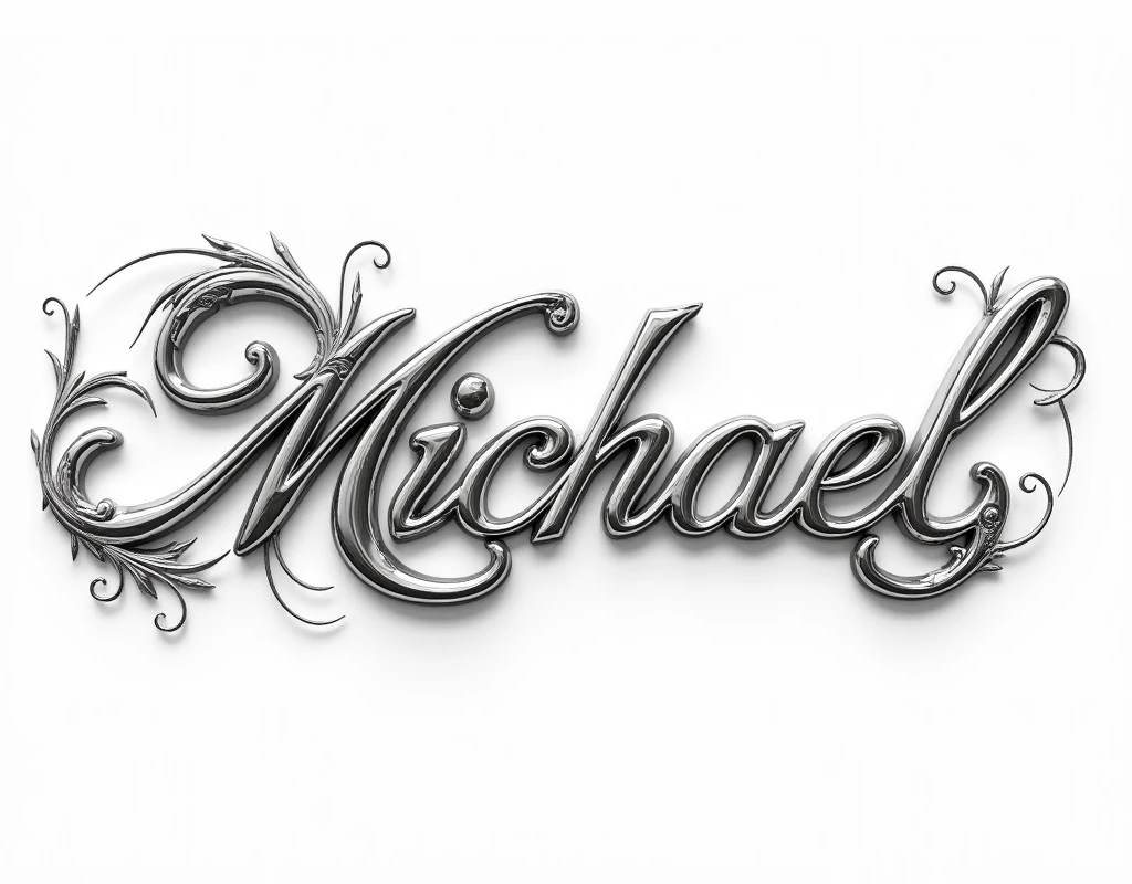 shiny highly polished bright chrome fancy art nouveau script text and matching borders corners and typographical script embelishments, large, (text:"Michael") The word, logo, flowing art nouveau flourishes, front face flat view on white background, front lit sunny tropical reflection in text face, highlights, lens flare, badge, emblem, insignia, label, photorealistic, extremely detailed, beautiful, unique, epic,