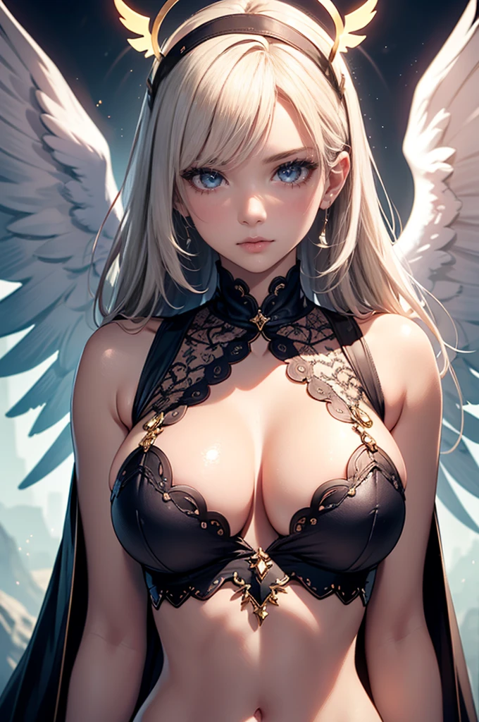 1girl,solo,super detailed skin,shiny skin,wet oily skin, expressionless, majestic wings,angelic skin, detailed eyes,eyelashes,lips gloss,beautiful nails ,large breasts,beautifully shaped breasts, majestic halo,aura,vibrant colors,point at viewer,wide shot,cameltoe,masterpiece,best quality,ultra detailed,high resolution,sharp focus,depth of field,