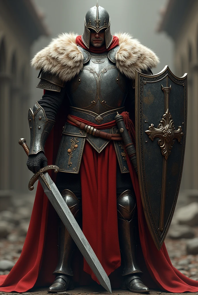 A male paladin, with medieval plate armor. He holds a long sword and a shield in his other arm.. On the shoulder pads he has fox fur and also a long red cape. He has a helmet that completely covers his face.. Under the helmet is a man in his twenties, with an intimidating face and a scar near his eye 