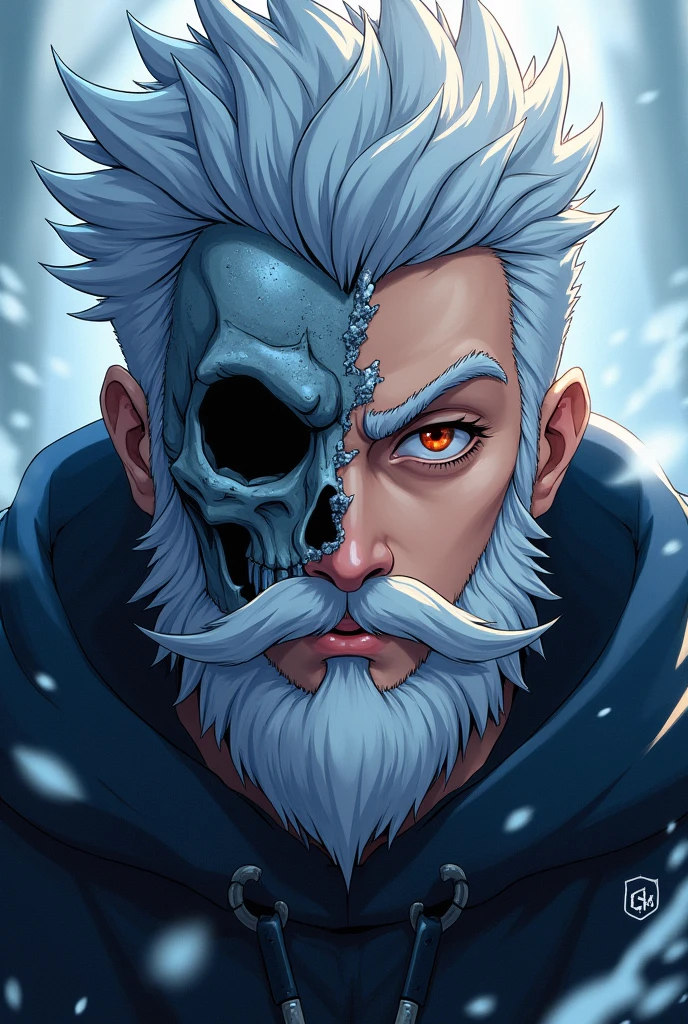 An anime character who is a magic knight, half ice and half shadows, on your face half a mask of bones White hair and half a mask of bones Show half of your face with a lumberjack beard Looking like a , 
The mask only on the left side 
