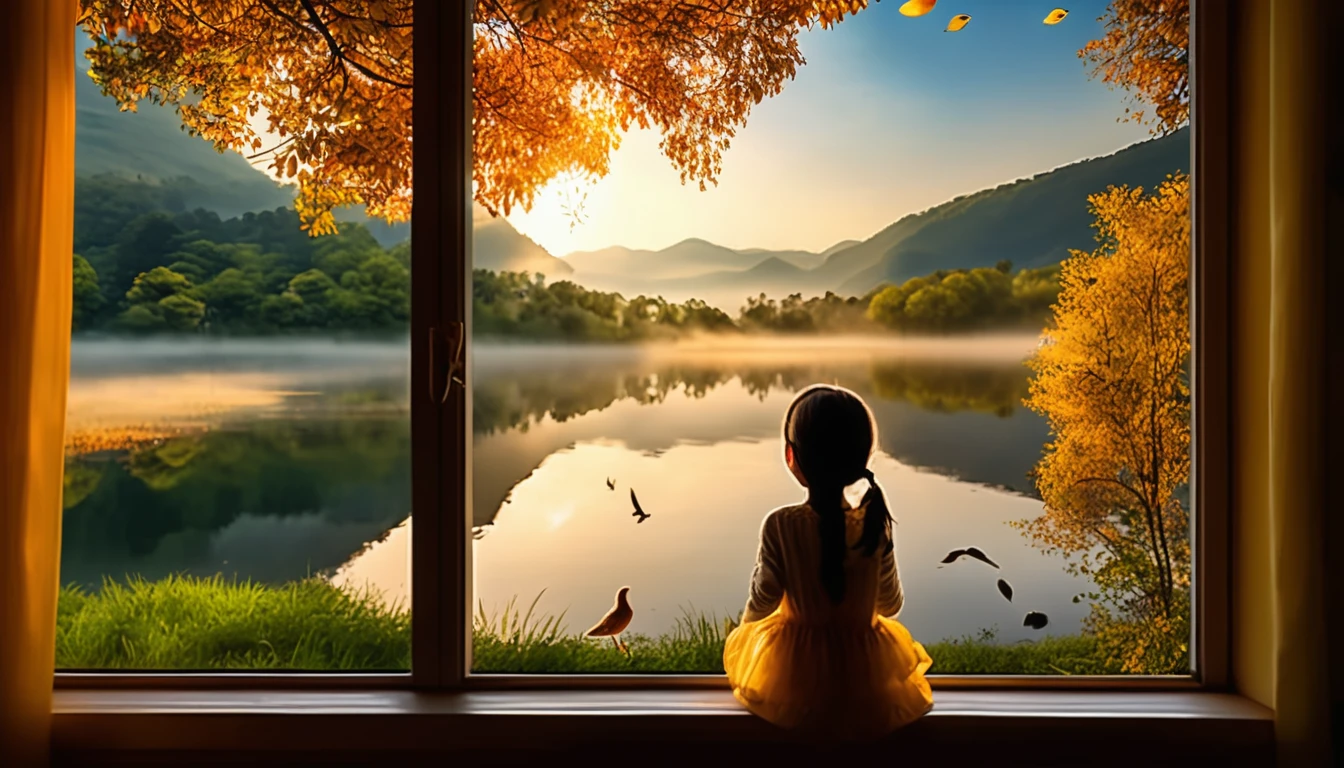 1 Girl, The scenery outside the window, (4K,8K,high resolution,:1.2),Extremely detailed,(Practical,photoPractical,photo-Practical:1.37),Indoor Landscape,View from the window,Outdoor scenes,Outdoor view,Stunning scenery,panoramic,Tranquil atmosphere,Clear blue sky,Rolling Hills,Green grass,Colorful flowers,Trees swaying in the wind,sunny,Golden sunlight shines through the window,Sparkling lake in the distance,Clear water,Reflection of the sky on the water,Dense forest,Majestic mountains on the horizon,Serene countryside,Peaceful environment,Quiet atmosphere,The breeze rustled the leaves,Morning fog over the fields,Little birds chirp,Soft sunlight illuminates the room,Natural beauty on your doorstep,The tranquility of the outside world,Beautiful view outside the window . masterpiece, best quality, very Aesthetic, absurd, Aesthetic