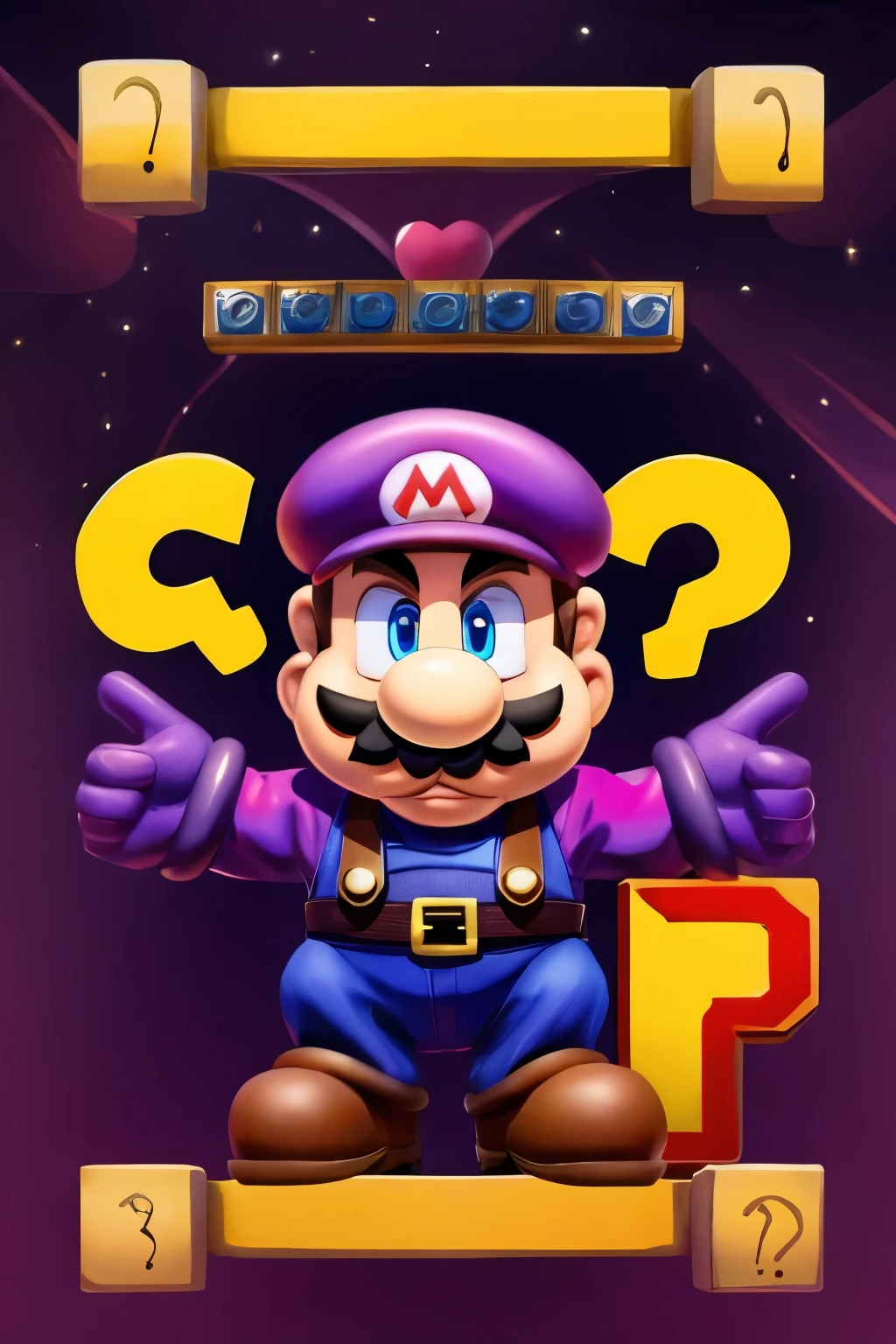 I want a drawing of the Mario character, with a purple outfit that has a yellow question mark, in a scenario of a mario stage
