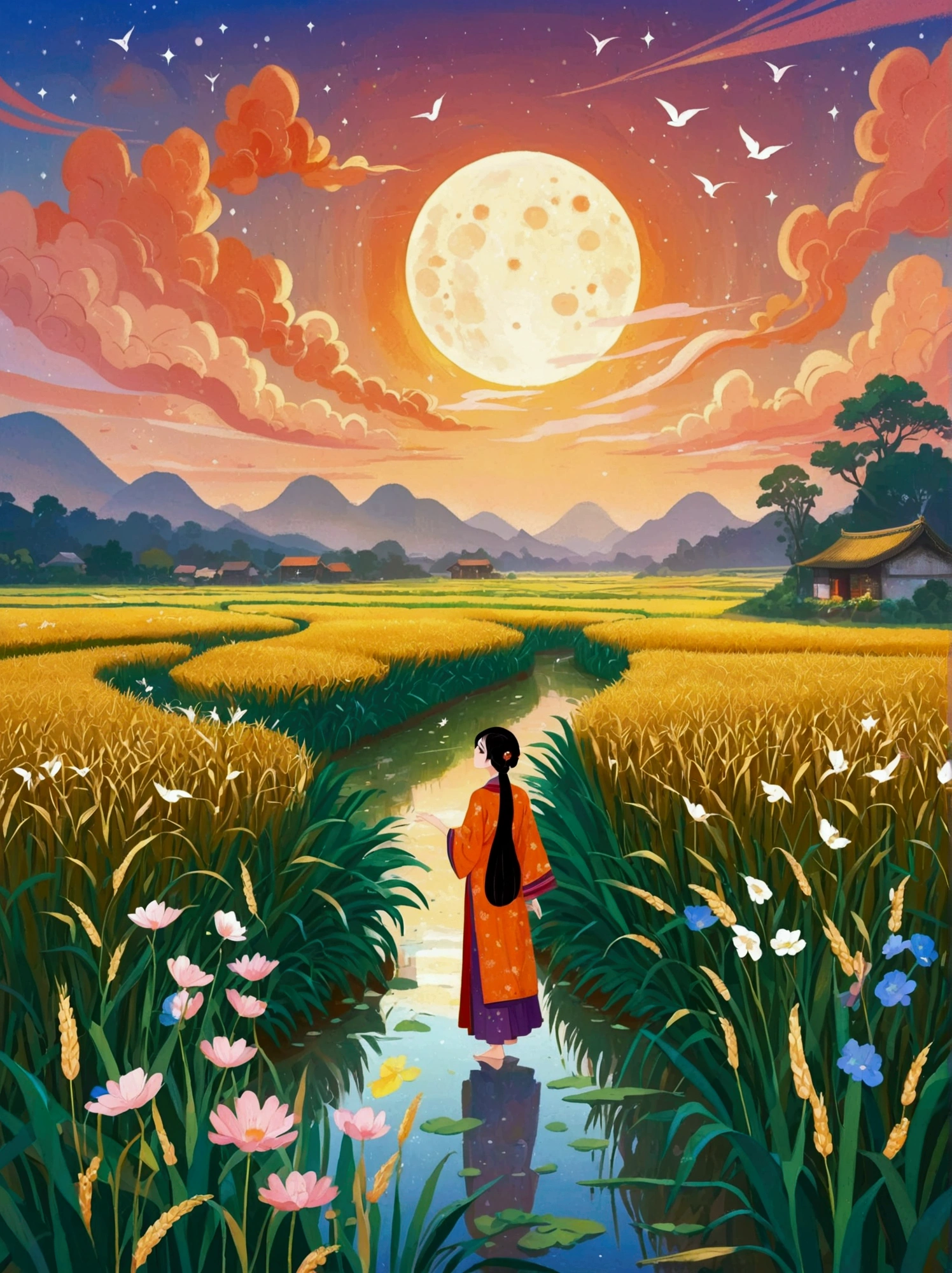 (8K，bright colors，bright，Ultra high saturation，rgb, rich and colorful), cartoon,role conception,Surreal photos，Fantasy Garden，Aesthetic healing，moon，Star，Beautiful and poetic，Minimalism平面插画，Jiangnan countryside in summer，When you walk into this rice field，It&#39;s like being in a surreal dream。What unfolds before your eyes is a vast rice field，Golden rice swaying in the wind，The sun shines on it，Let the whole rice field shine with warm light。Rows of colorful wildflowers grow at the edge of a rice field，They sway gently in the breeze，Like dancing gracefully。Standing on the edge of a rice field，You can see flocks of birds singing happily in the wheat fields.，Their chirping blends in with the melodious sound of the wind in the rice fields.，It forms a wonderful natural symphony。Occasionally a bird flies up，Cut through the sky，Leaving beautiful curves，It seems to depict an unparalleled picture of the sky.。There is a clear stream flowing through the rice fields.，the river is crystal clear，Reflecting the blue sky, white clouds and surrounding scenery，Like a living mirror。The river flows slowly，Makes the water sound sweet，It&#39;s like nature composed a beautiful music for them.，Dynamic，Hazy feeling，Layering，Has a stunning visual effect，Fascinating lighting，Bright and vivid colors，Chiaroscuro，Flat，Minimalism，high quality，High Detail，HD晰，masterpiece，masterpiece，The painting style is meticulous，Refreshing colors，HD，in the style of Pre-Raphaelite Brotherhood，Starry Sky，Abstract mosaic painting，Describing the inner world of autistic people，Sense of space，White space，interesting，Innocence，Psychedelic Art，可爱的Q版cartoon风格，Simple background，rich and colorful illustrations, bright colors, Full body portrait, HD, Q 版风格的HD图像