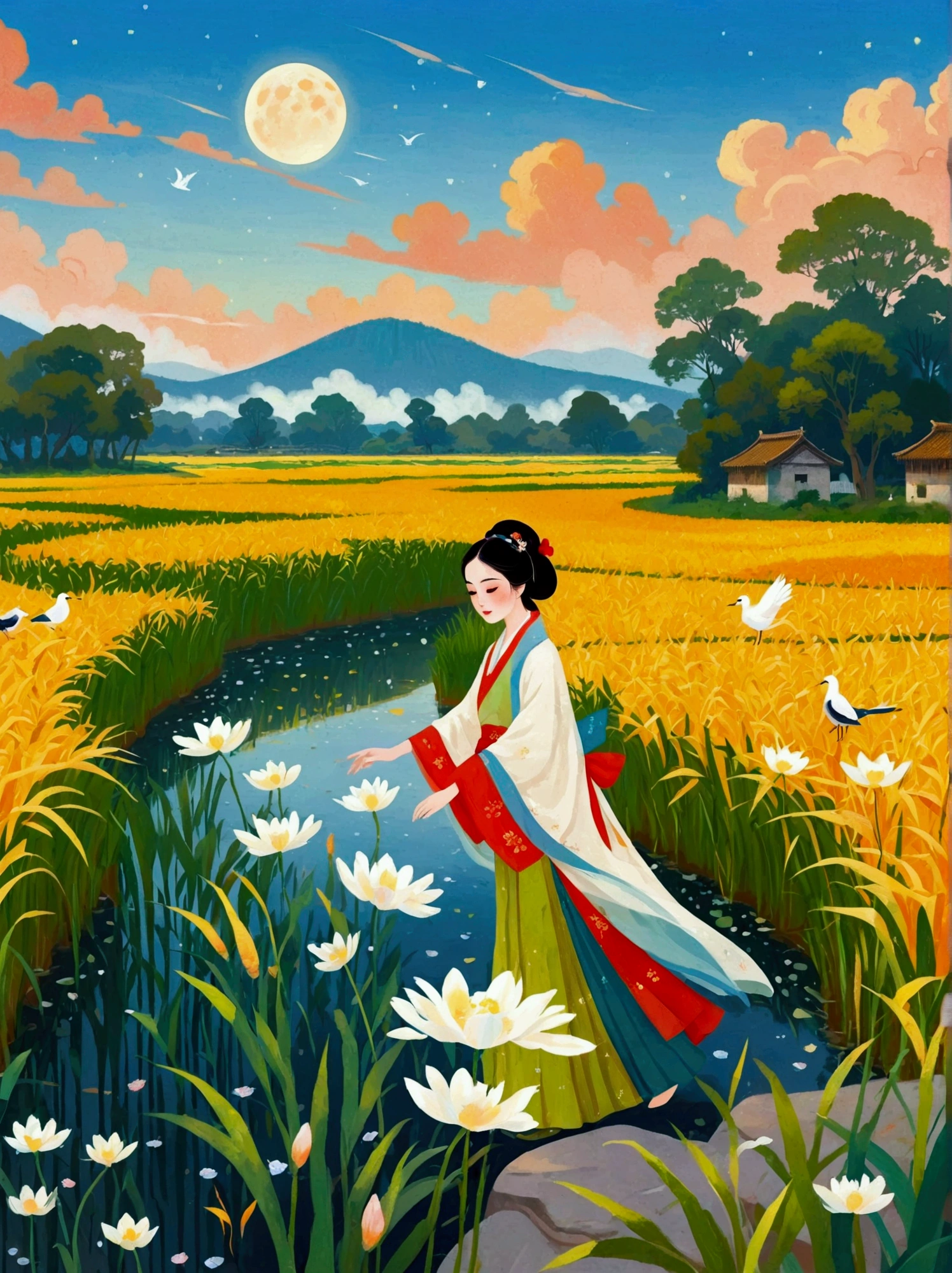 (8K，bright colors，bright，Ultra high saturation，rgb, rich and colorful), cartoon,role conception,Surreal photos，Fantasy Garden，Aesthetic healing，moon，Star，Beautiful and poetic，Minimalism平面插画，Jiangnan countryside in summer，When you walk into this rice field，It&#39;s like being in a surreal dream。What unfolds before your eyes is a vast rice field，Golden rice swaying in the wind，The sun shines on it，Let the whole rice field shine with warm light。Rows of colorful wildflowers grow at the edge of a rice field，They sway gently in the breeze，Like dancing gracefully。Standing on the edge of a rice field，You can see flocks of birds singing happily in the wheat fields.，Their chirping blends in with the melodious sound of the wind in the rice fields.，It forms a wonderful natural symphony。Occasionally a bird flies up，Cut through the sky，Leaving beautiful curves，It seems to depict an unparalleled picture of the sky.。There is a clear stream flowing through the rice fields.，the river is crystal clear，Reflecting the blue sky, white clouds and surrounding scenery，Like a living mirror。The river flows slowly，Makes the water sound sweet，It&#39;s like nature composed a beautiful music for them.，Dynamic，Hazy feeling，Layering，Has a stunning visual effect，Fascinating lighting，Bright and vivid colors，Chiaroscuro，Flat，Minimalism，high quality，High Detail，HD晰，masterpiece，masterpiece，The painting style is meticulous，Refreshing colors，HD，in the style of Pre-Raphaelite Brotherhood，Starry Sky，Abstract mosaic painting，Describing the inner world of autistic people，Sense of space，White space，interesting，Innocence，Psychedelic Art，可爱的Q版cartoon风格，Simple background，rich and colorful illustrations, bright colors, Full body portrait, HD, Q 版风格的HD图像