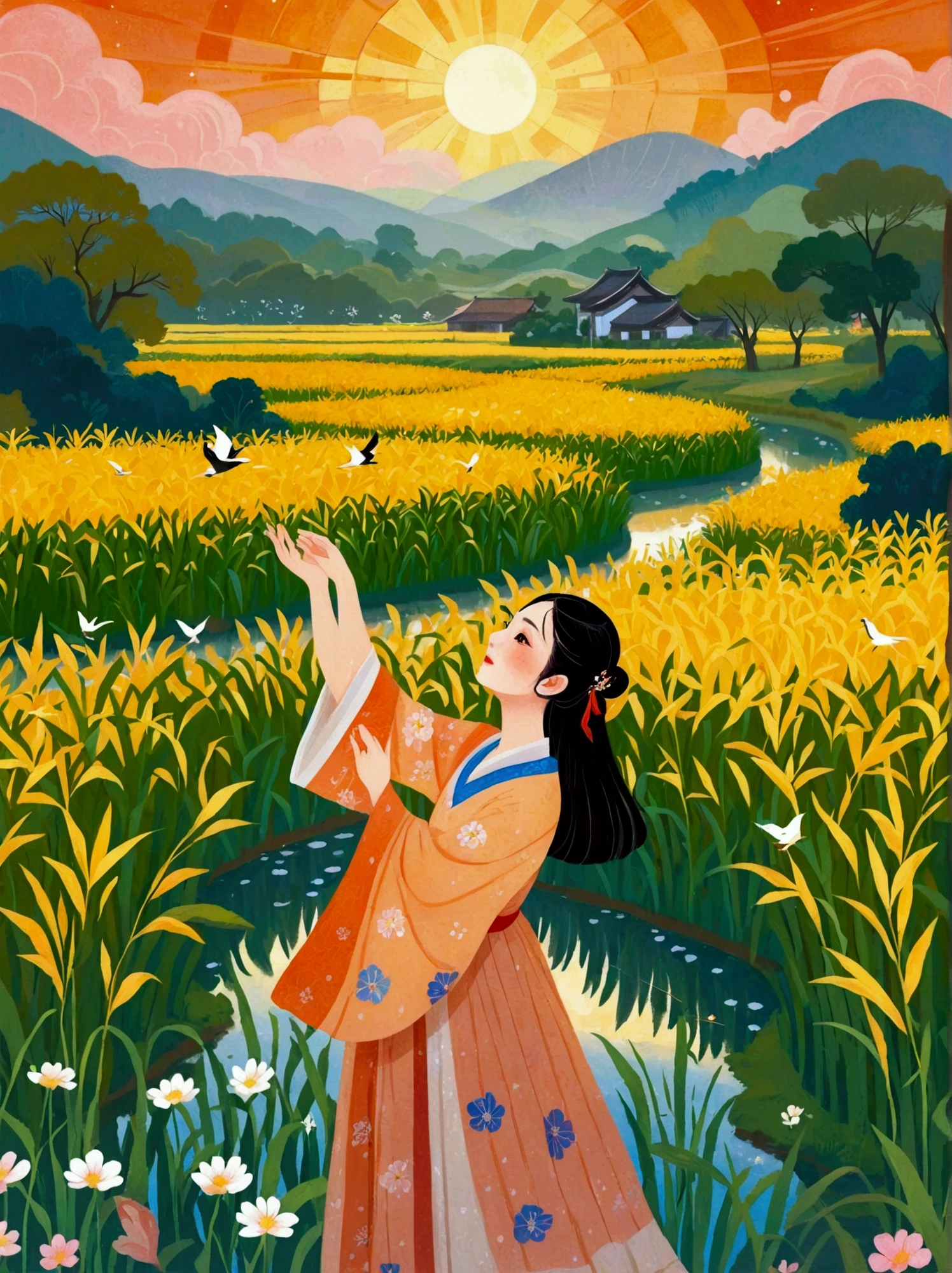 (8K，bright colors，bright，Ultra high saturation，rgb, rich and colorful), cartoon,role conception,Surreal photos，Fantasy Garden，Aesthetic healing，moon，Star，Beautiful and poetic，Minimalism平面插画，Jiangnan countryside in summer，When you walk into this rice field，It&#39;s like being in a surreal dream。What unfolds before your eyes is a vast rice field，Golden rice swaying in the wind，The sun shines on it，Let the whole rice field shine with warm light。Rows of colorful wildflowers grow at the edge of a rice field，They sway gently in the breeze，Like dancing gracefully。Standing on the edge of a rice field，You can see flocks of birds singing happily in the wheat fields.，Their chirping blends in with the melodious sound of the wind in the rice fields.，It forms a wonderful natural symphony。Occasionally a bird flies up，Cut through the sky，Leaving beautiful curves，It seems to depict an unparalleled picture of the sky.。There is a clear stream flowing through the rice fields.，the river is crystal clear，Reflecting the blue sky, white clouds and surrounding scenery，Like a living mirror。The river flows slowly，Makes the water sound sweet，It&#39;s like nature composed a beautiful music for them.，Dynamic，Hazy feeling，Layering，Has a stunning visual effect，Fascinating lighting，Bright and vivid colors，Chiaroscuro，Flat，Minimalism，high quality，High Detail，HD晰，masterpiece，masterpiece，The painting style is meticulous，Refreshing colors，HD，in the style of Pre-Raphaelite Brotherhood，Starry Sky，Abstract mosaic painting，Describing the inner world of autistic people，Sense of space，White space，interesting，Innocence，Psychedelic Art，可爱的Q版cartoon风格，Simple background，rich and colorful illustrations, bright colors, Full body portrait, HD, Q 版风格的HD图像