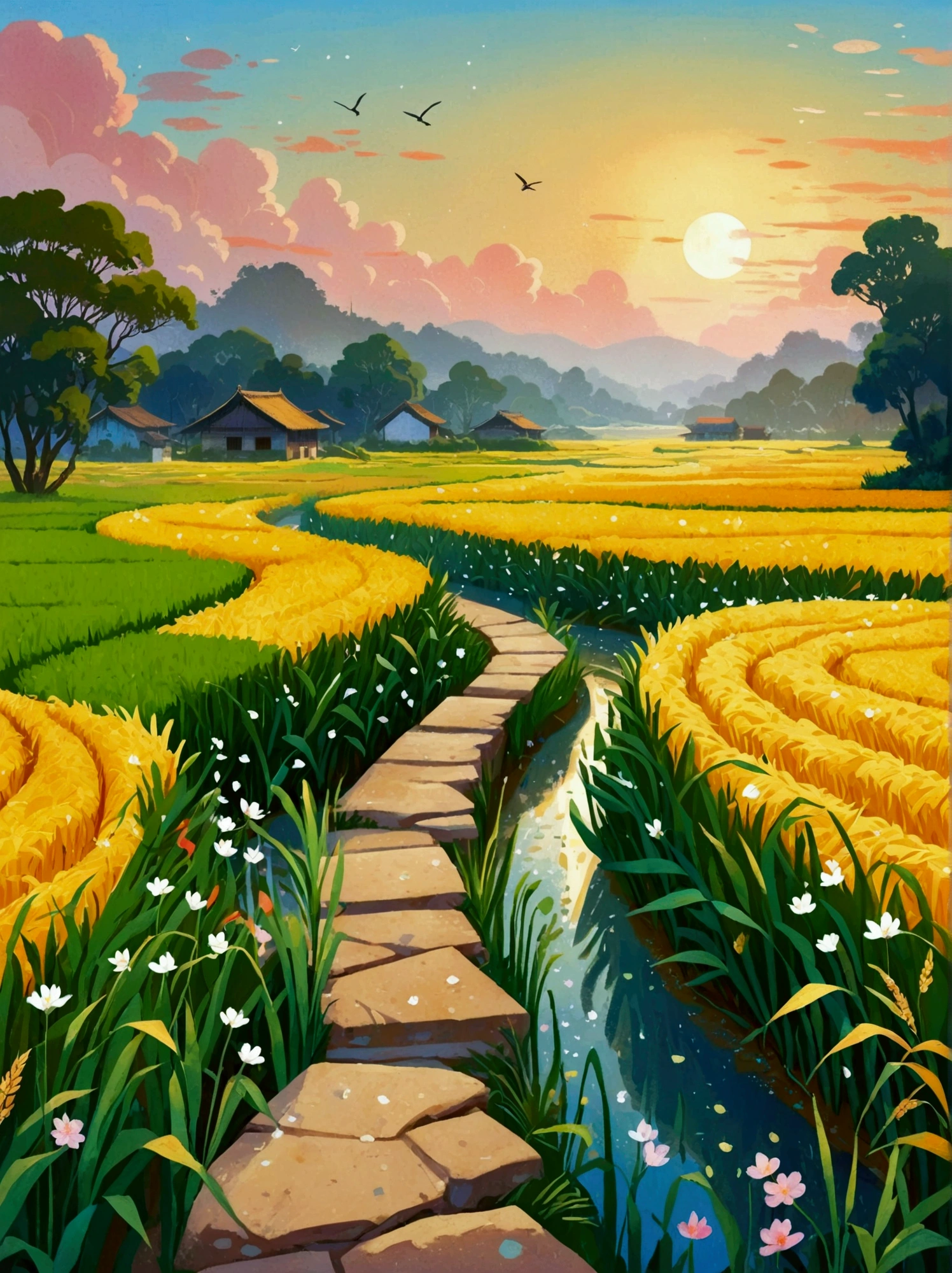 (8K，bright colors，bright，Ultra high saturation，rgb, rich and colorful), cartoon,role conception,Surreal photos，Fantasy Garden，Aesthetic healing，moon，Star，Beautiful and poetic，Minimalism平面插画，Jiangnan countryside in summer，When you walk into this rice field，It&#39;s like being in a surreal dream。What unfolds before your eyes is a vast rice field，Golden rice swaying in the wind，The sun shines on it，Let the whole rice field shine with warm light。Rows of colorful wildflowers grow at the edge of a rice field，They sway gently in the breeze，Like dancing gracefully。Standing on the edge of a rice field，You can see flocks of birds singing happily in the wheat fields.，Their chirping blends in with the melodious sound of the wind in the rice fields.，It forms a wonderful natural symphony。Occasionally a bird flies up，Cut through the sky，Leaving beautiful curves，It seems to depict an unparalleled picture of the sky.。There is a clear stream flowing through the rice fields.，the river is crystal clear，Reflecting the blue sky, white clouds and surrounding scenery，Like a living mirror。The river flows slowly，Makes the water sound sweet，It&#39;s like nature composed a beautiful music for them.，Dynamic，Hazy feeling，Layering，Has a stunning visual effect，Fascinating lighting，Bright and vivid colors，Chiaroscuro，Flat，Minimalism，high quality，High Detail，HD晰，masterpiece，masterpiece，The painting style is meticulous，Refreshing colors，HD，in the style of Pre-Raphaelite Brotherhood，Starry Sky，Abstract mosaic painting，Describing the inner world of autistic people，Sense of space，White space，interesting，Innocence，Psychedelic Art，可爱的Q版cartoon风格，Simple background，rich and colorful illustrations, bright colors, Full body portrait, HD, Q 版风格的HD图像