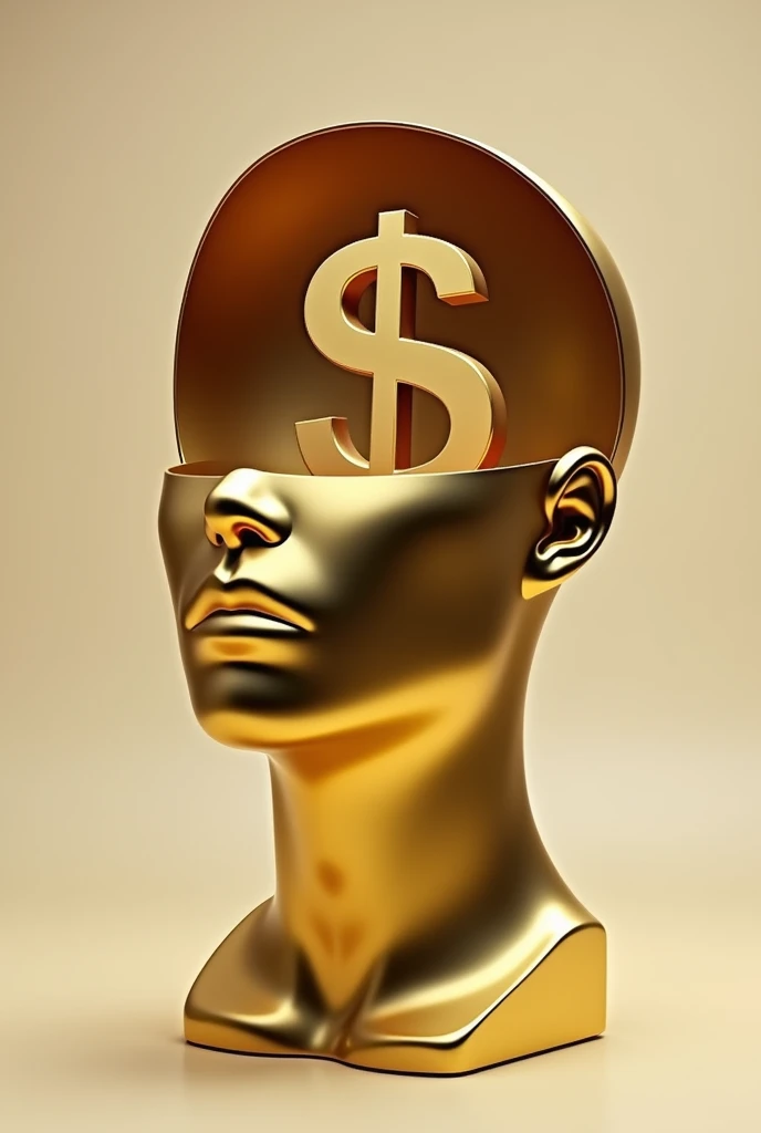 Gold statue showing inside mans head with a dollar sign 