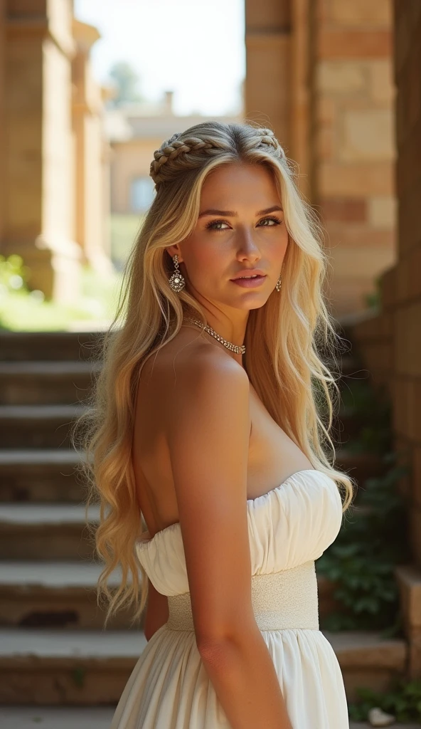 A stunning blonde maiden stands at the top of a grand staircase, her long hair cascading down her back like a golden waterfall. She wears a strapless white dress that showcases her toned shoulders and gleaming jewelry. Her closed eyes seem lost in thought as she gazes directly at the viewer, her full breasts and bare back a testament to her confidence. A delicate braid adorns her crown, while earrings sparkle on her lobes. The warm sunlight filtering through the ruins behind her casts a flattering glow on her porcelain skin.