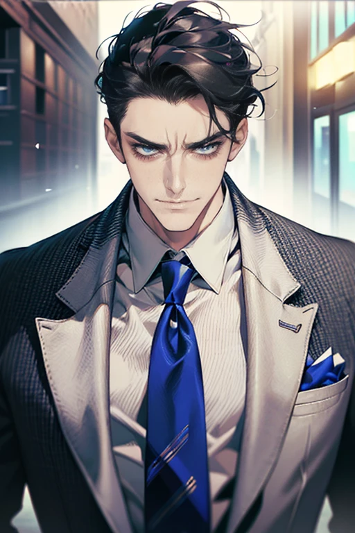 (tmasterpiece, high resolution, ultra - detailed:1.0), (1 man, mature male, masculine face), Perfect male body, tall and strong, Adult male, Delicate eyes and delicate face, Extremely detailed CG, Unity 8k wallpaper, Complicated details, Detailed face, (gray black hair, messy hair, blue eyes, serious faces, white shirts,Bad students), (frown,evil smile:1.3), stad in school corridor, street style, color difference, Depth of field, dramatic shadow, Ray tracing, Best quality, Cinematic lighting, offcial art,Portrait
